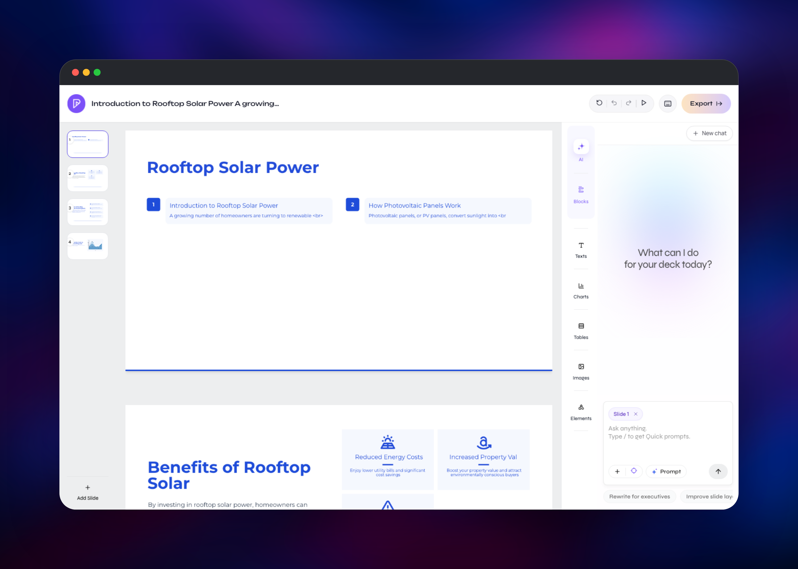 Presenton slide editor showing a generated rooftop solar deck