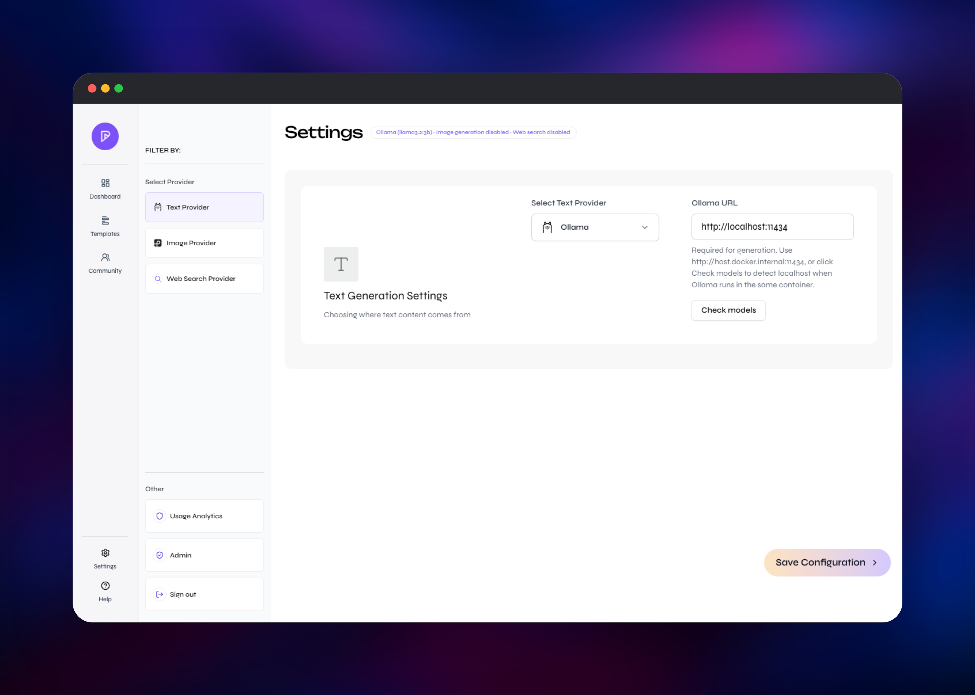 Presenton settings screen choosing the text generation provider