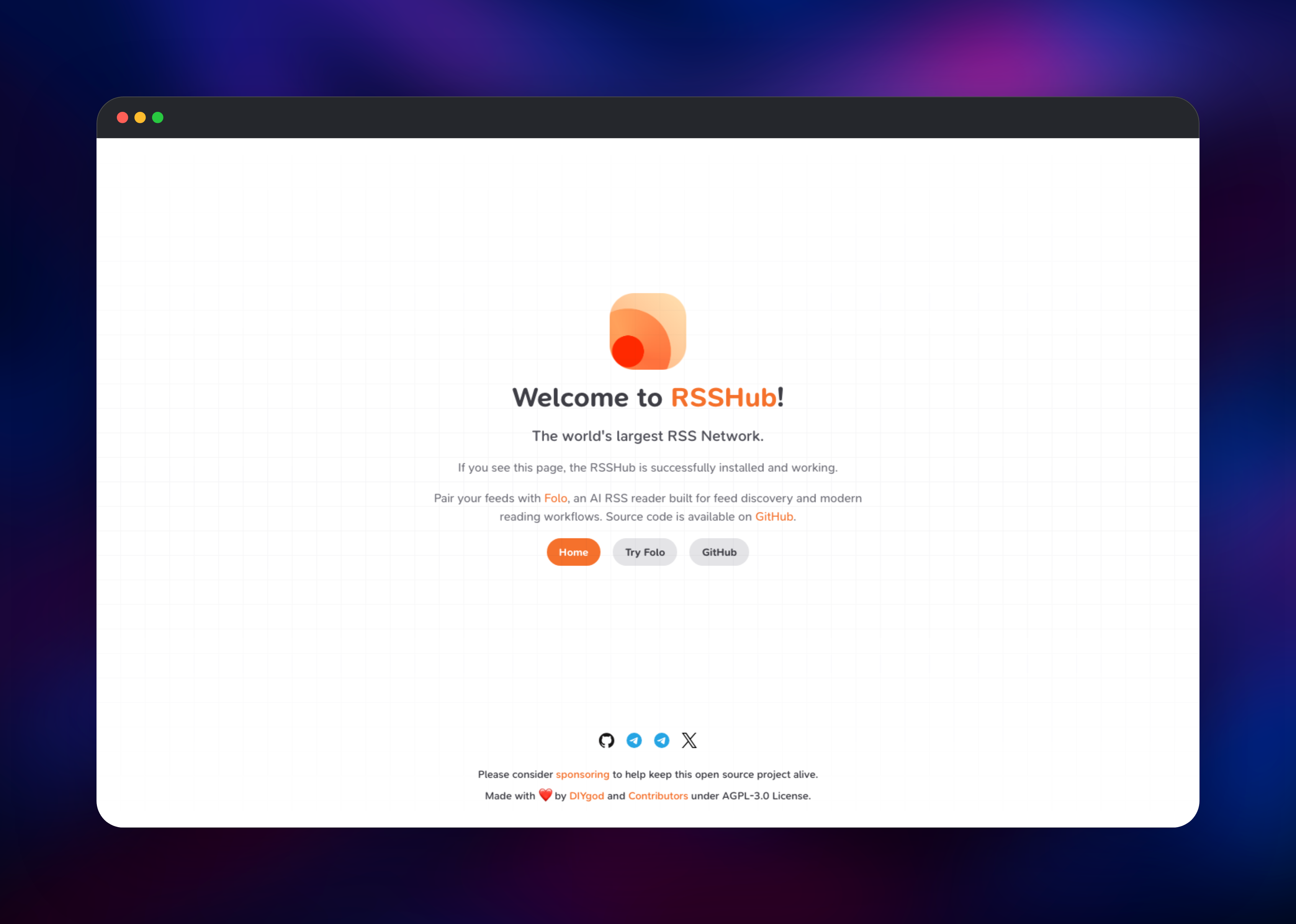 RSSHub welcome page confirming the instance is running