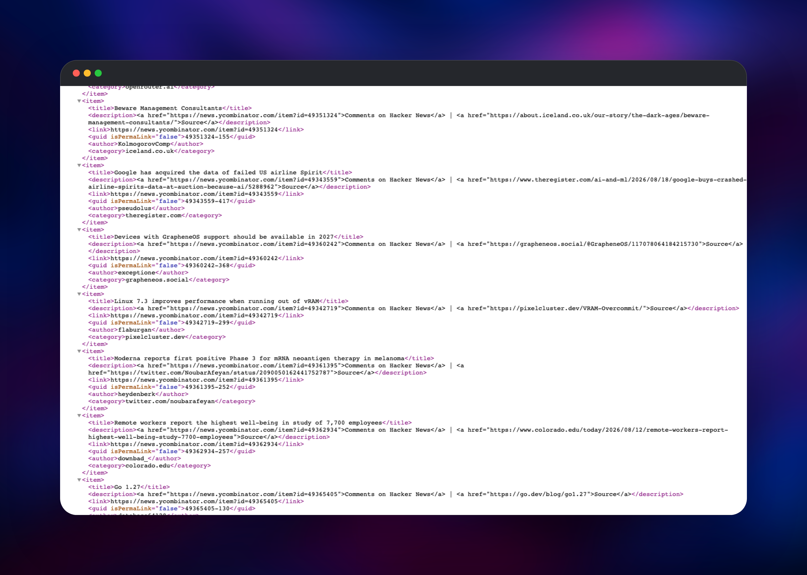 Generated RSS feed of current Hacker News top links