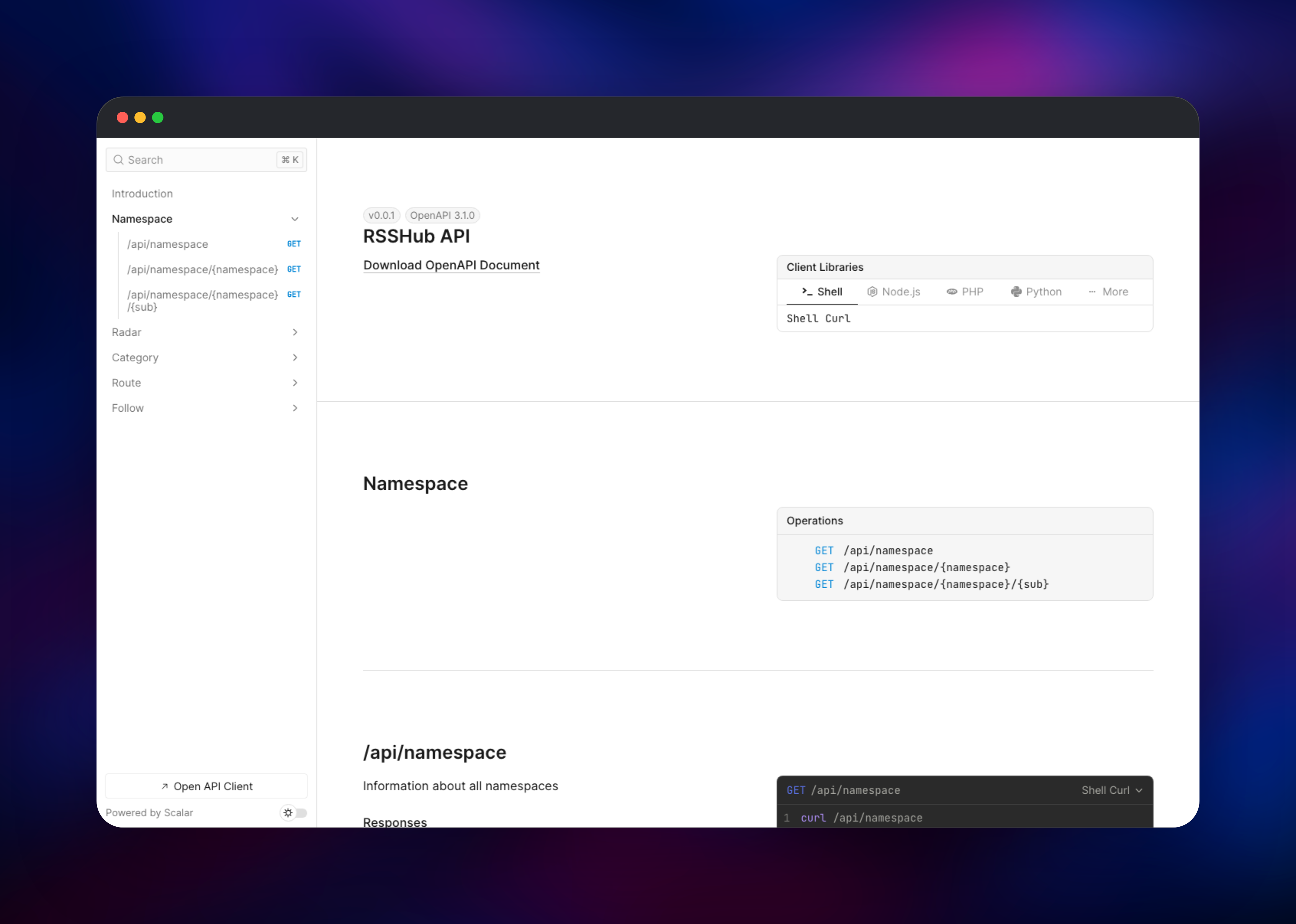 RSSHub built-in OpenAPI explorer listing namespace endpoints
