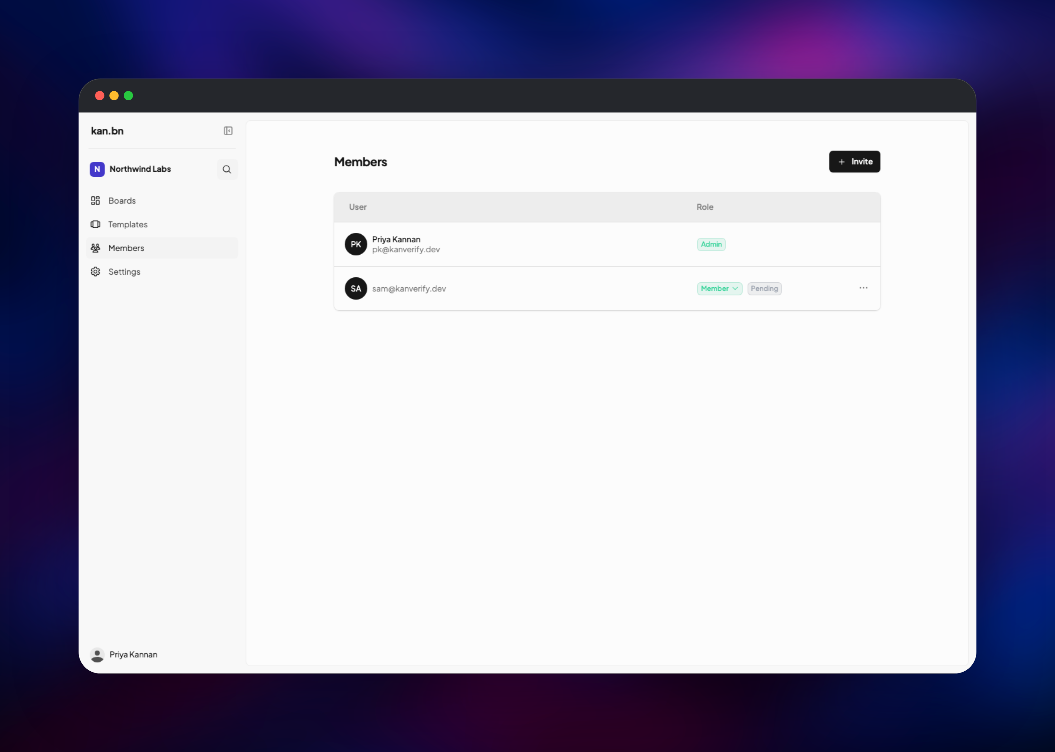 Kan workspace members list with an admin and a pending invite