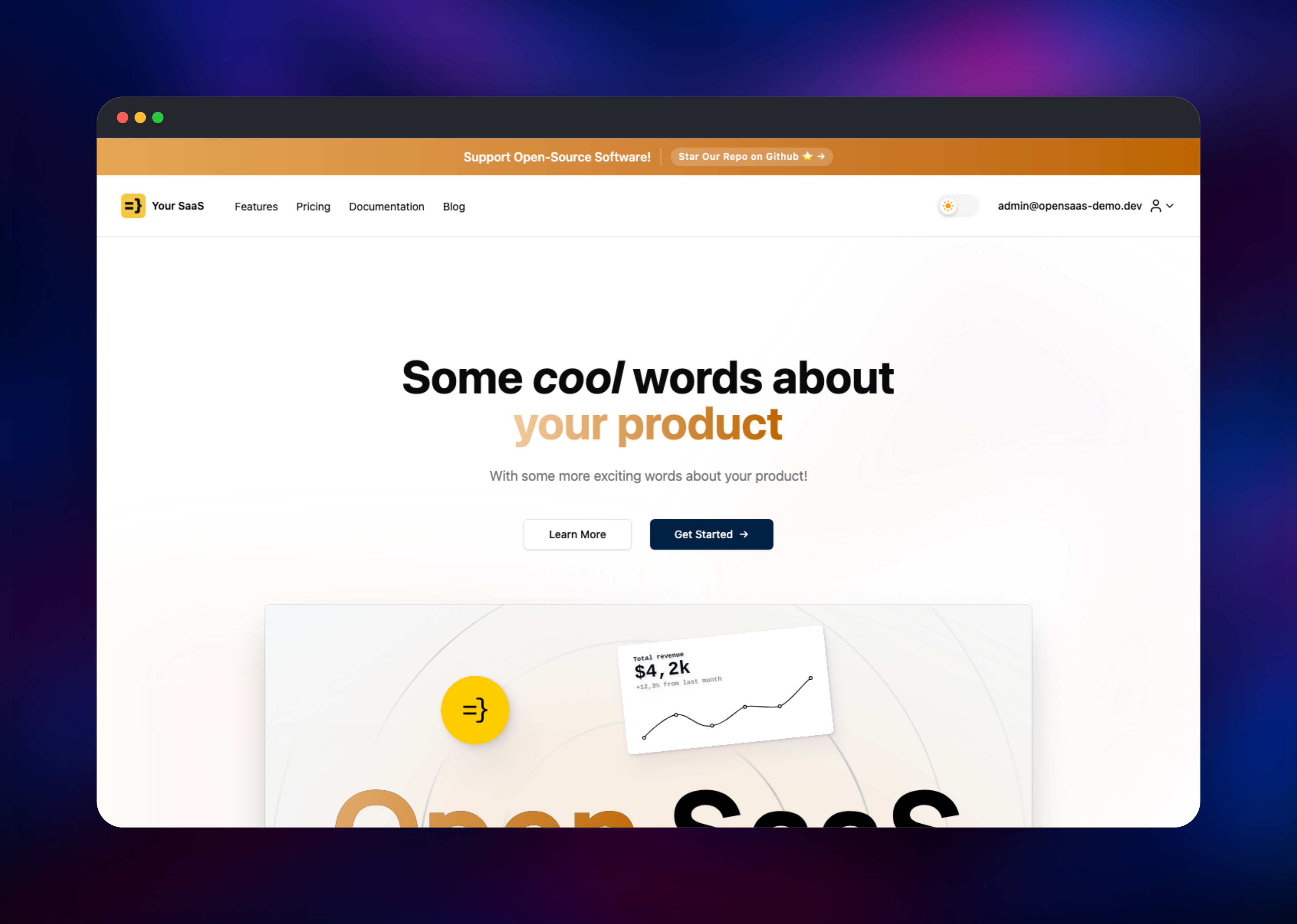 Open SaaS marketing landing page with hero and call to action