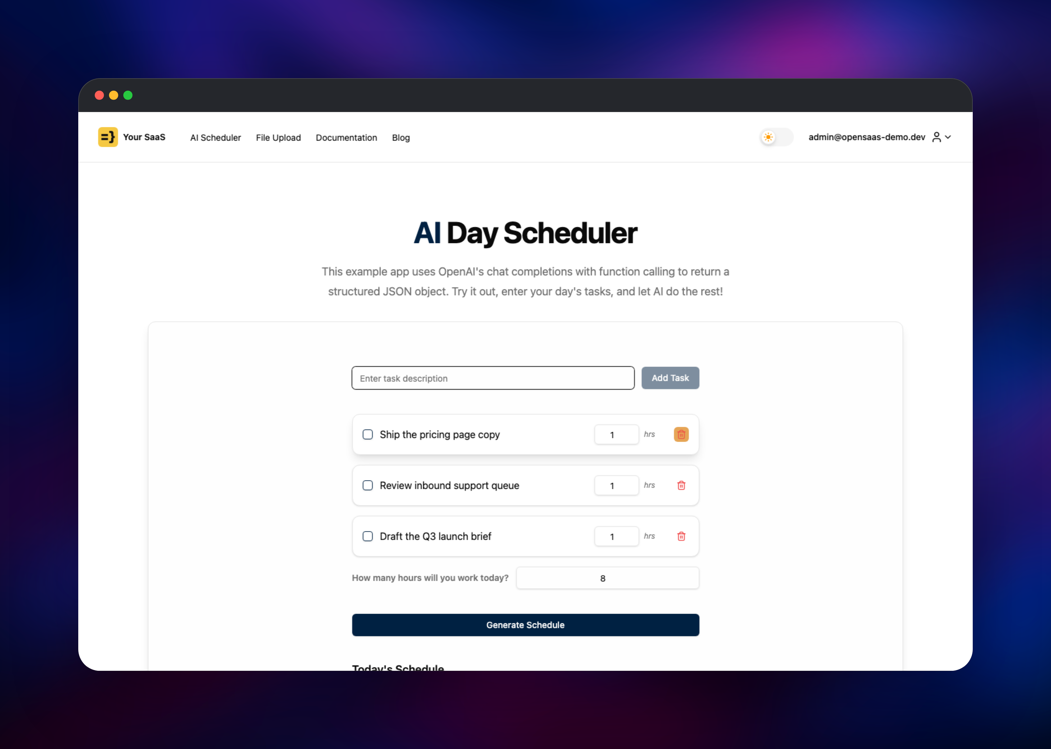 Open SaaS AI Day Scheduler listing three saved work tasks