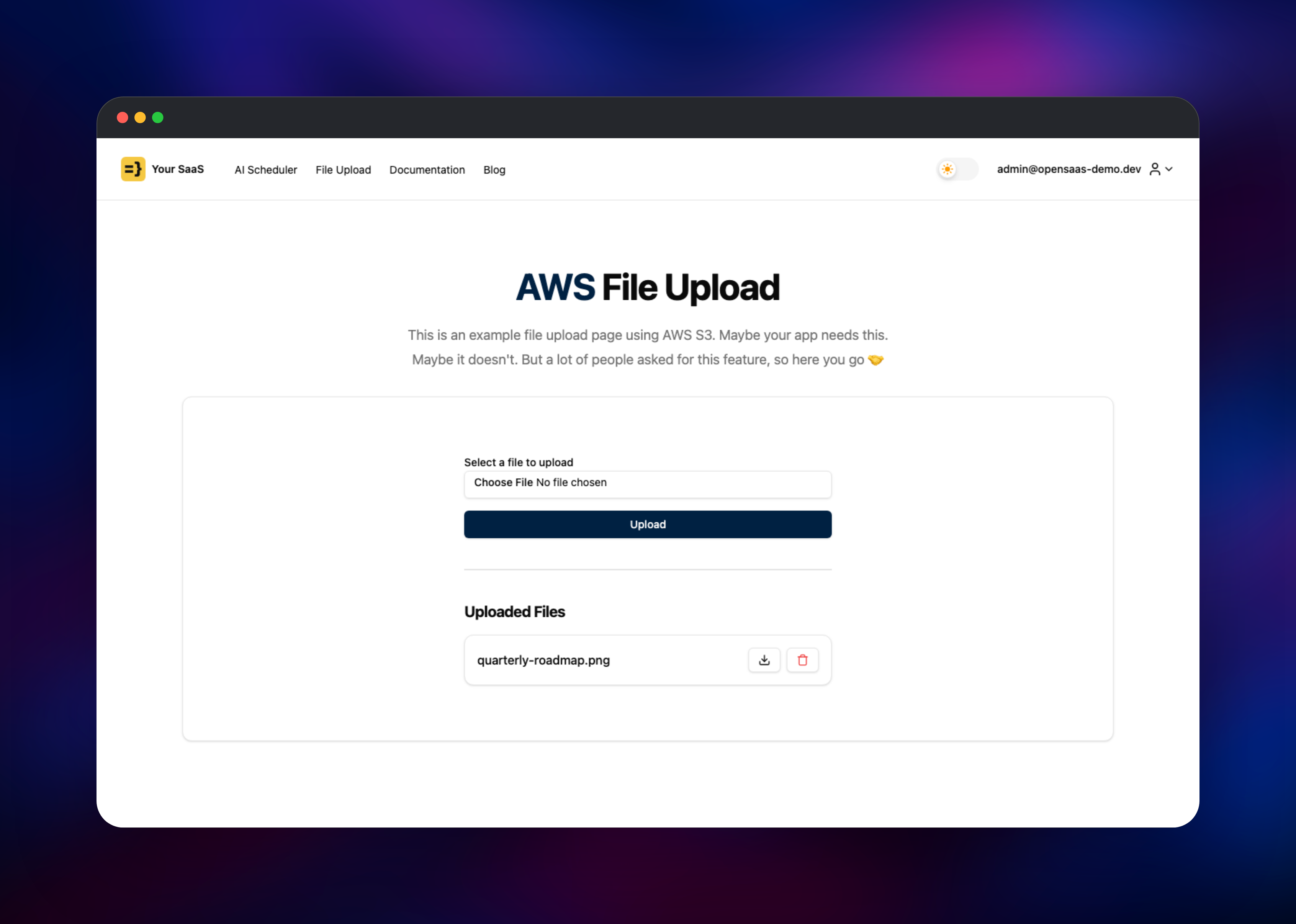 Open SaaS file upload page showing an uploaded PNG