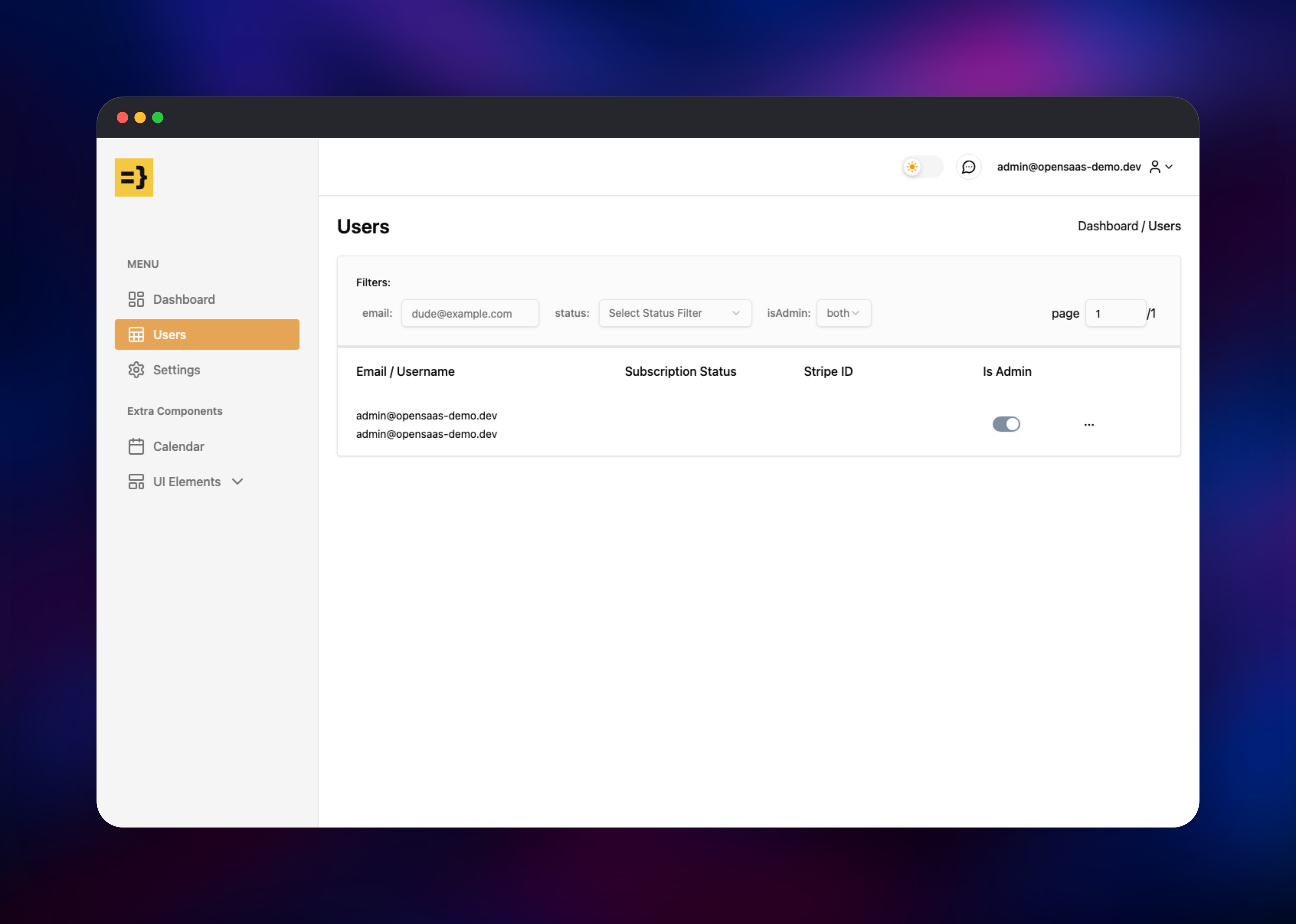 Open SaaS admin users table with filters and one account