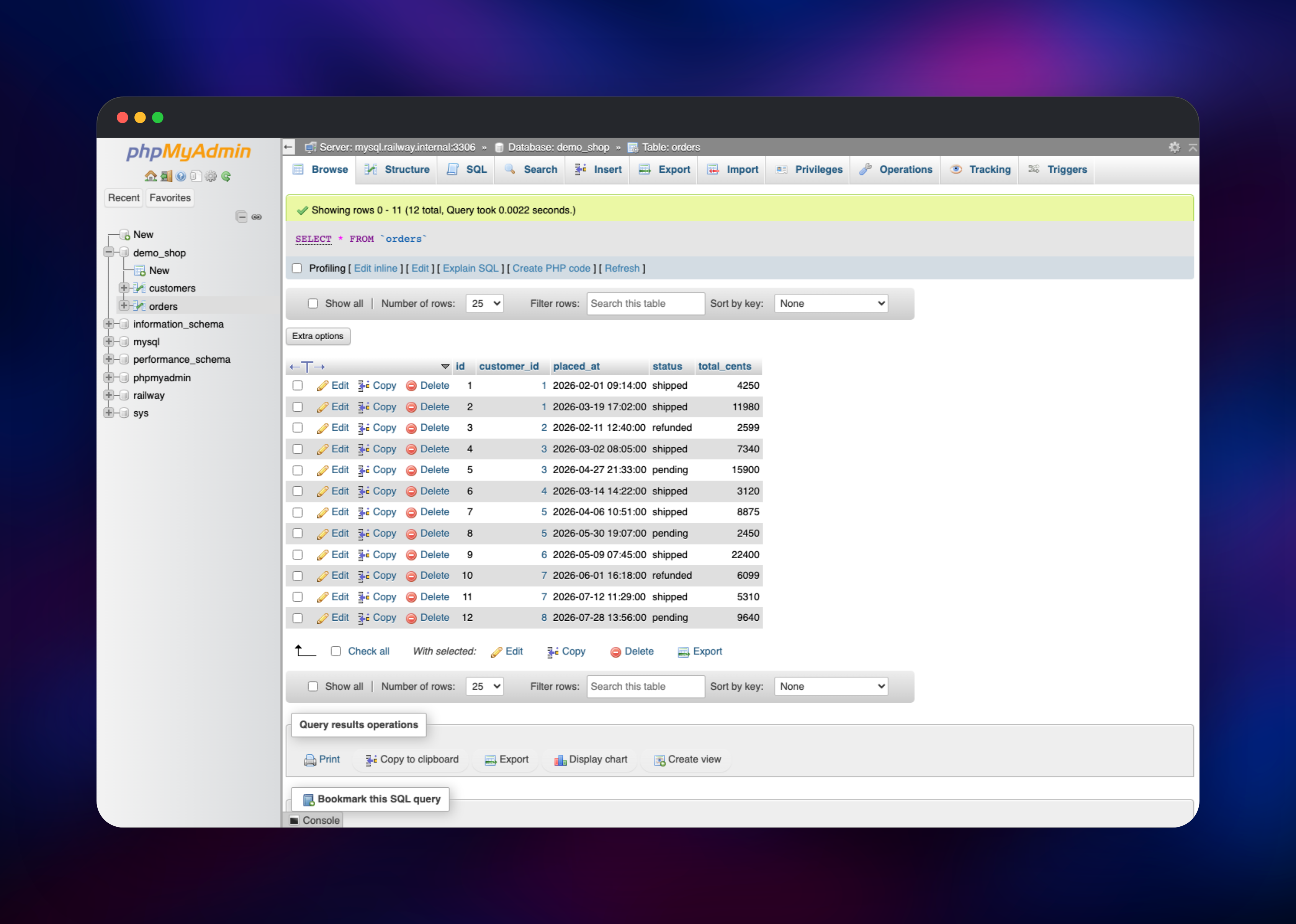 phpMyAdmin browsing twelve rows of an orders table