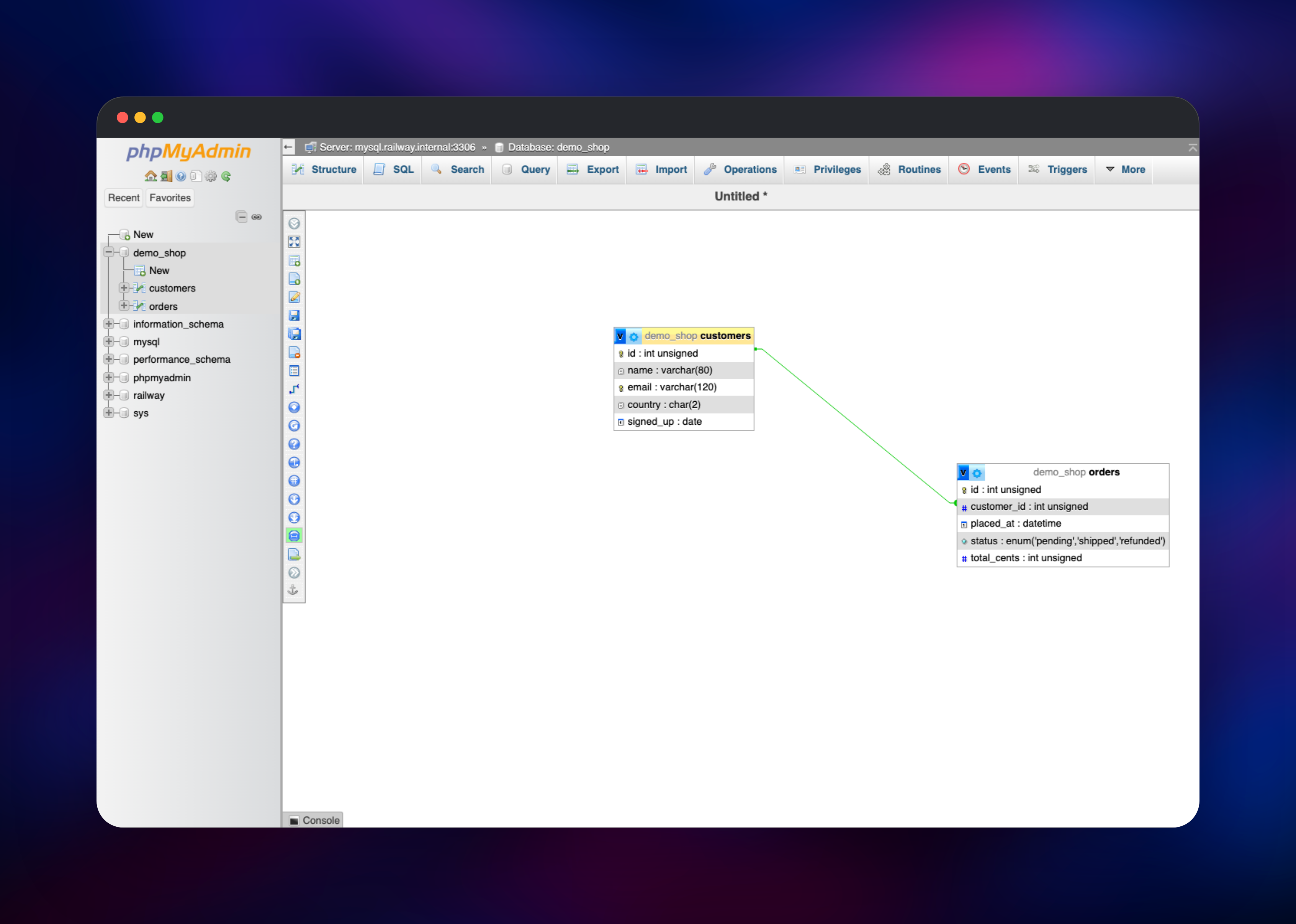 phpMyAdmin Designer showing a foreign key between two tables