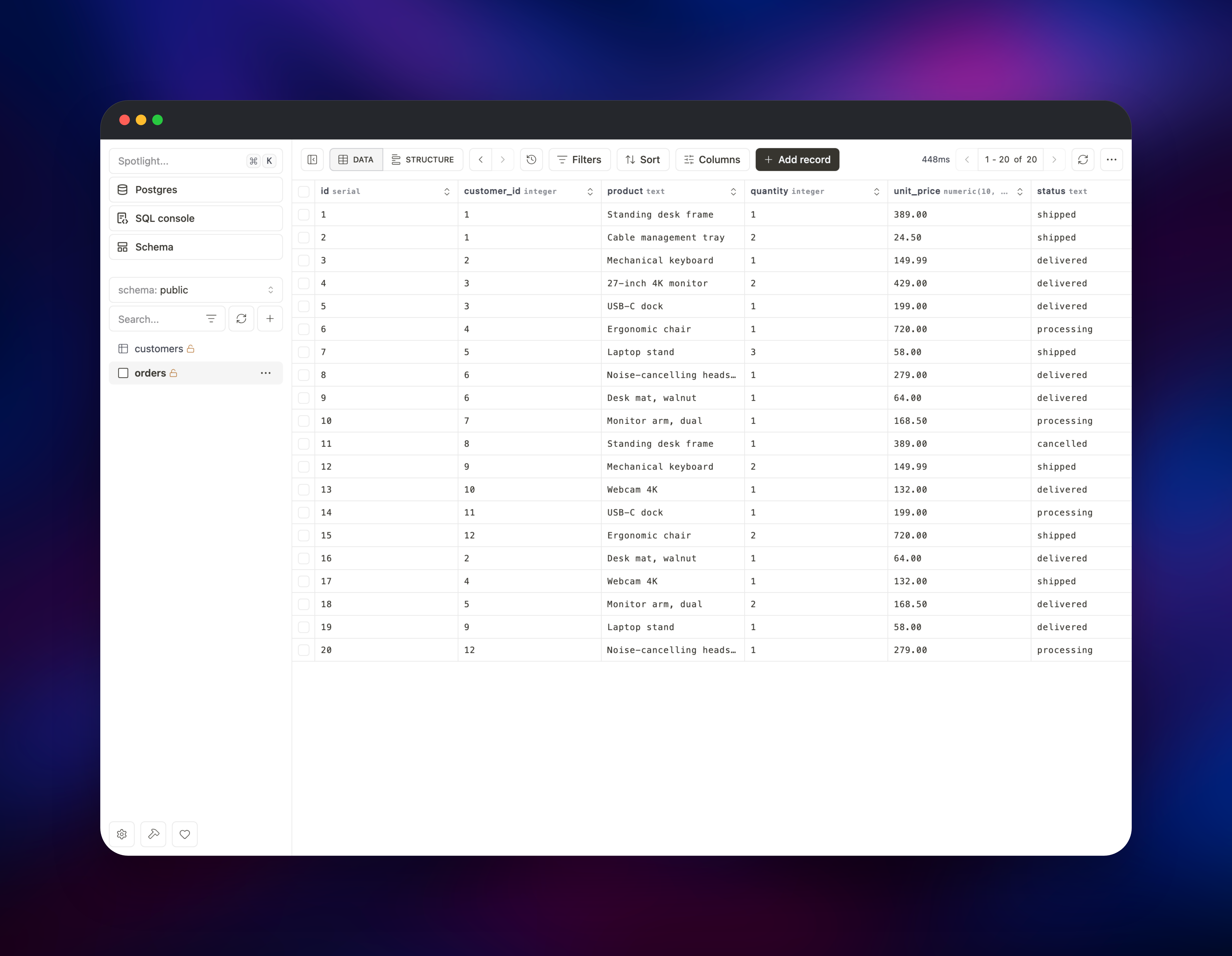 Drizzle Gateway data grid listing twenty seeded customer orders