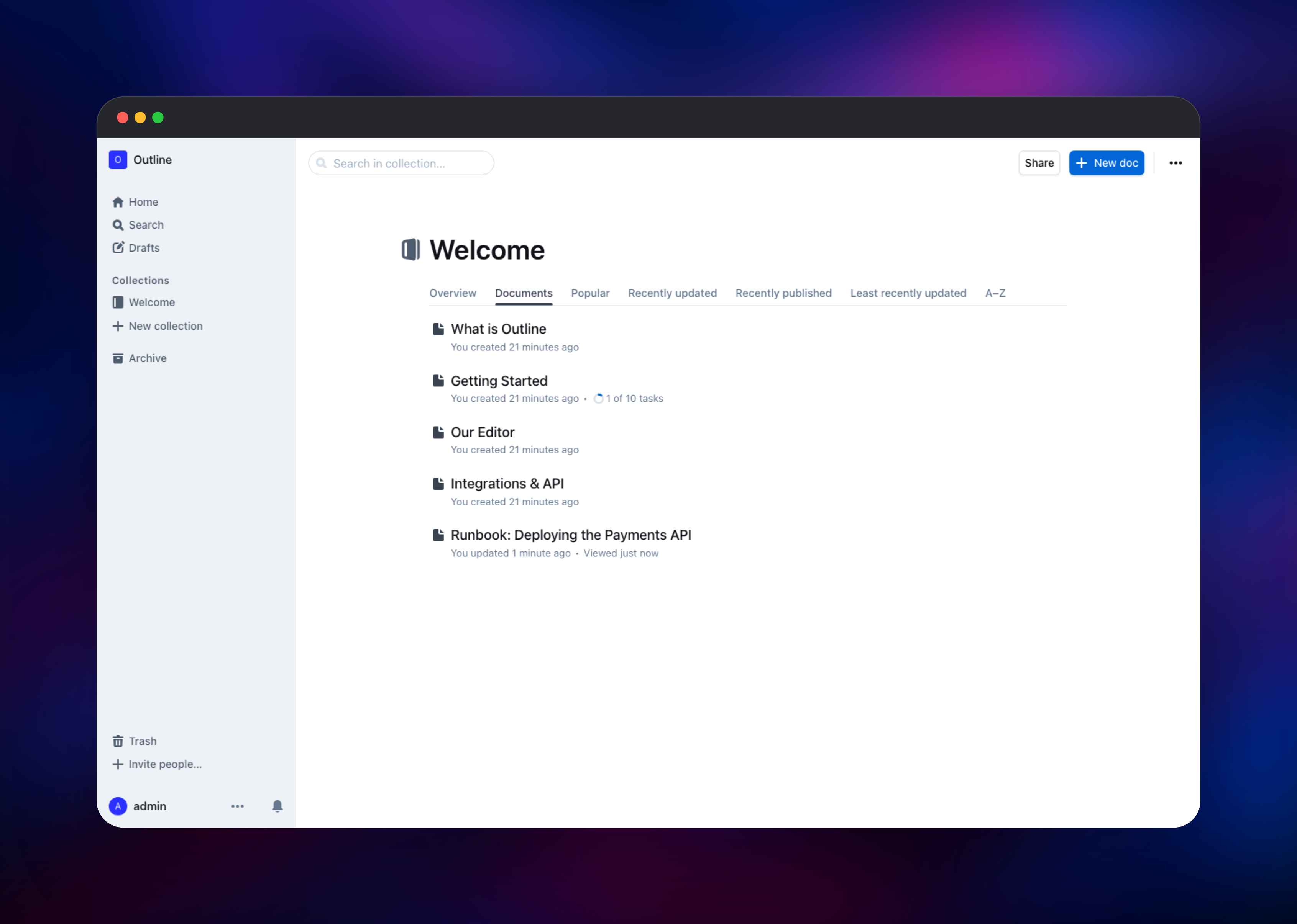 Outline collection listing the workspace's five documents