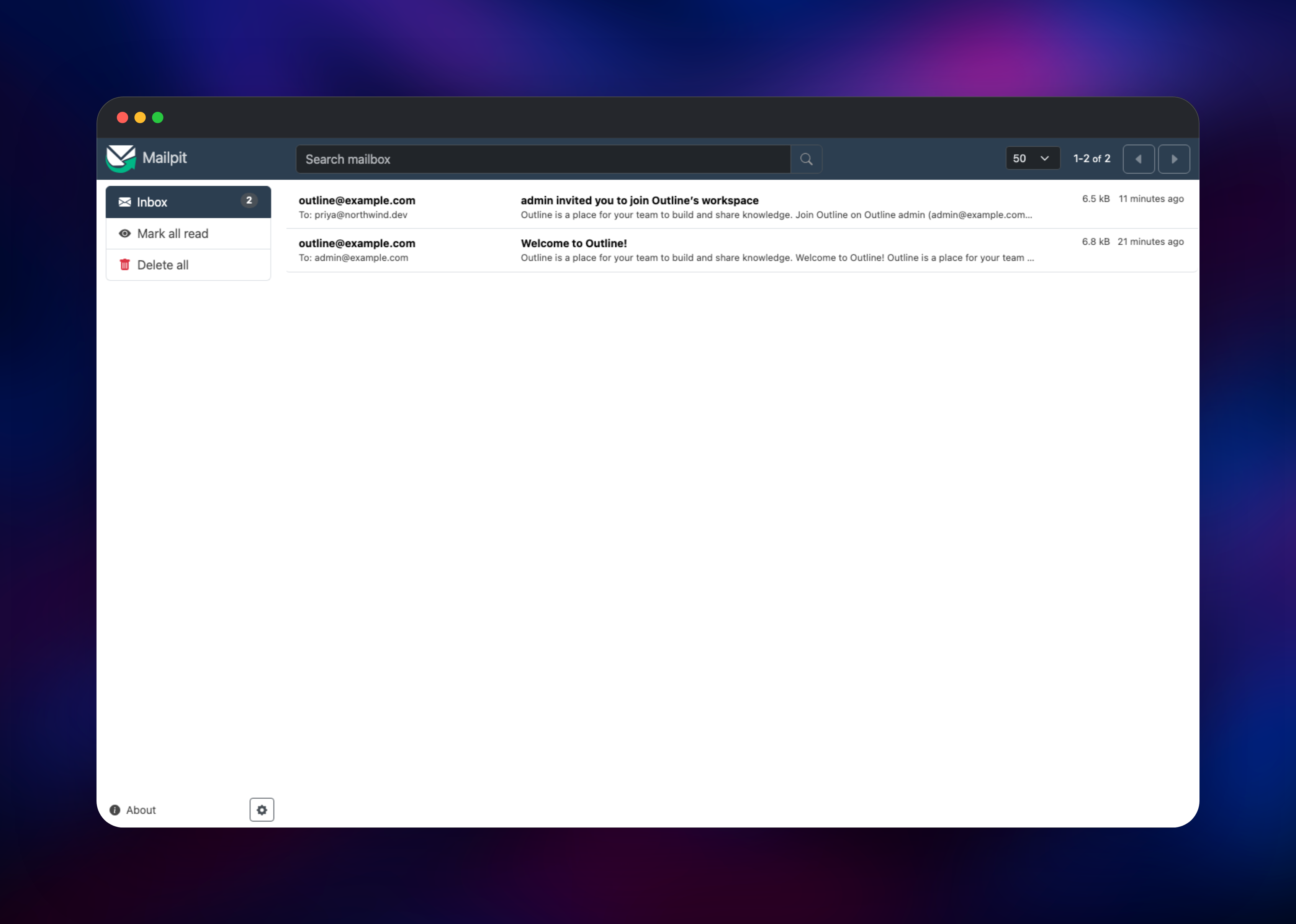 Mailpit inbox showing Outline's workspace invitation email