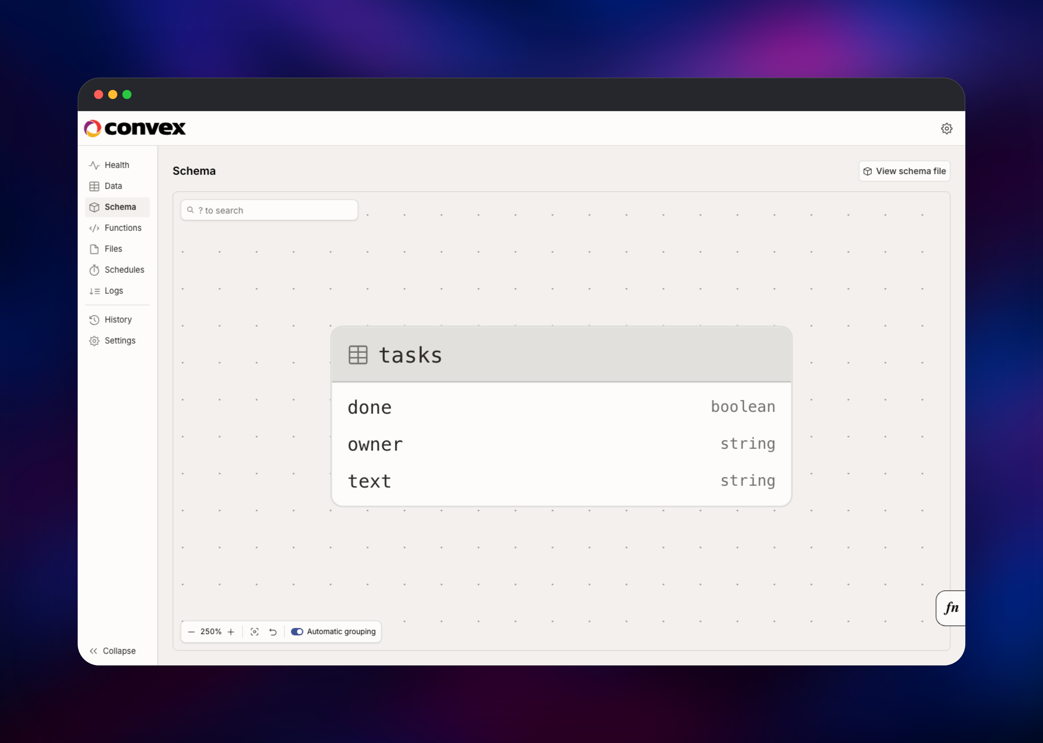 Convex schema view showing inferred field types for tasks