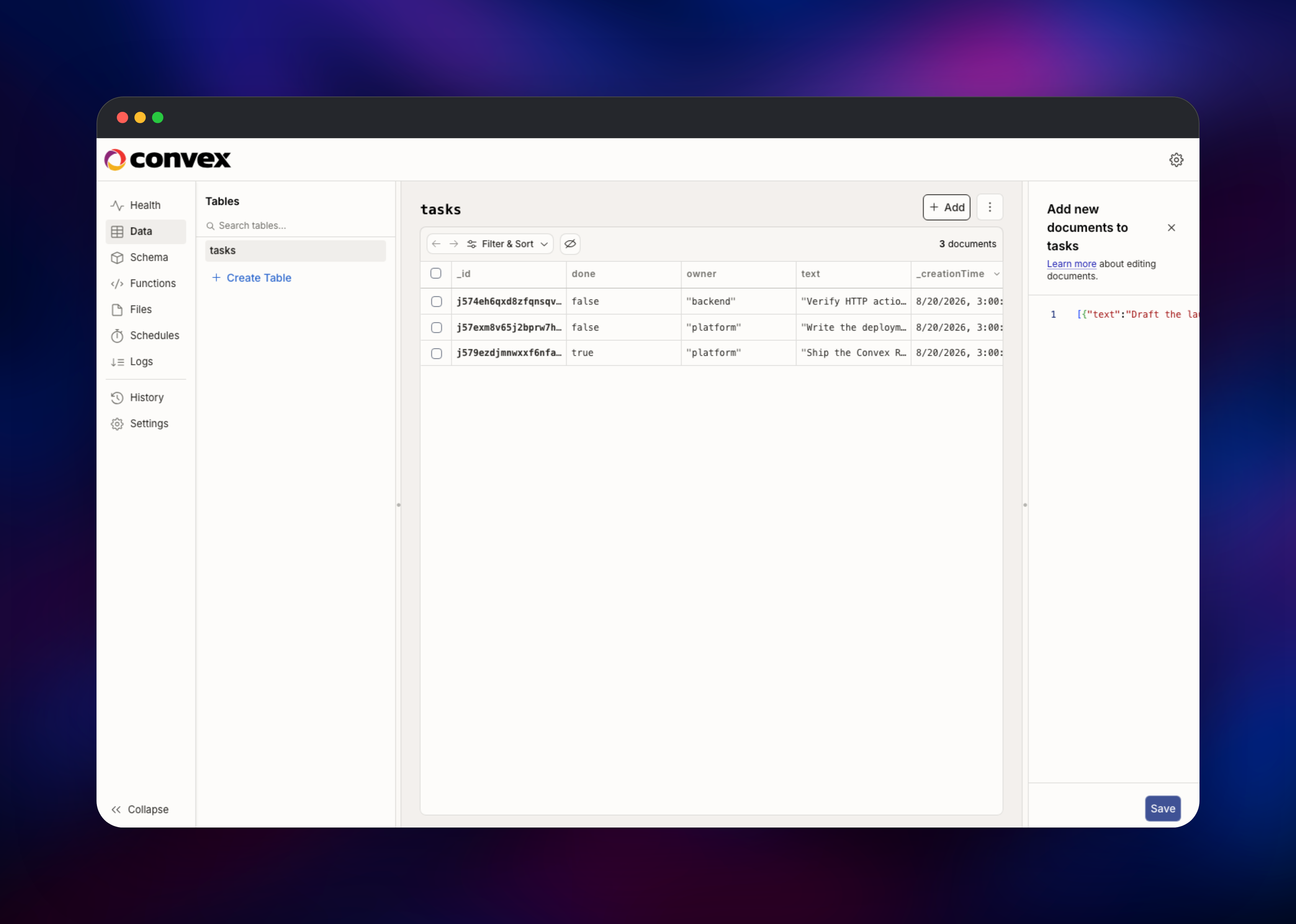 Adding a new task document as JSON in the Convex dashboard