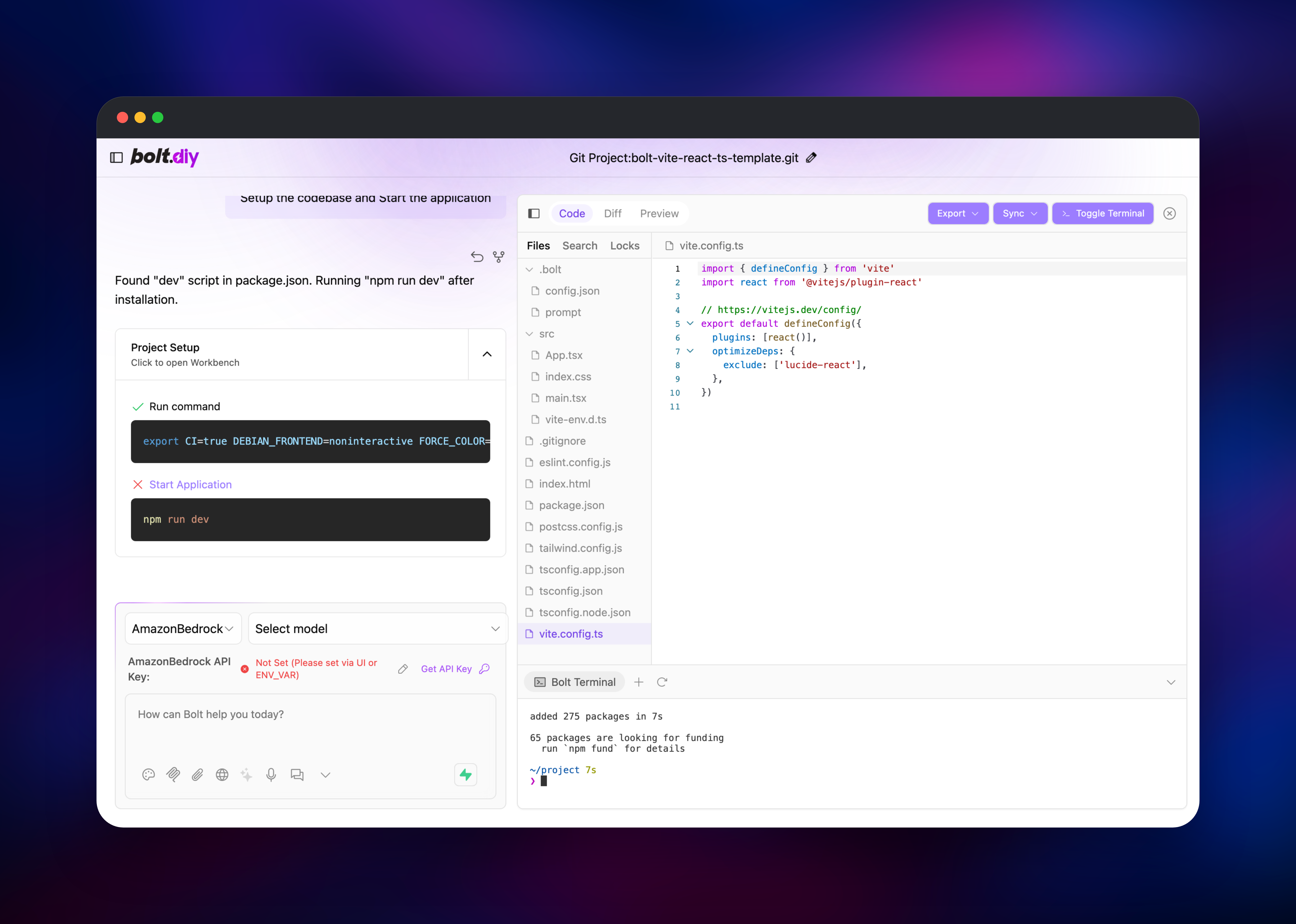 bolt.diy workbench with a cloned React project and its terminal