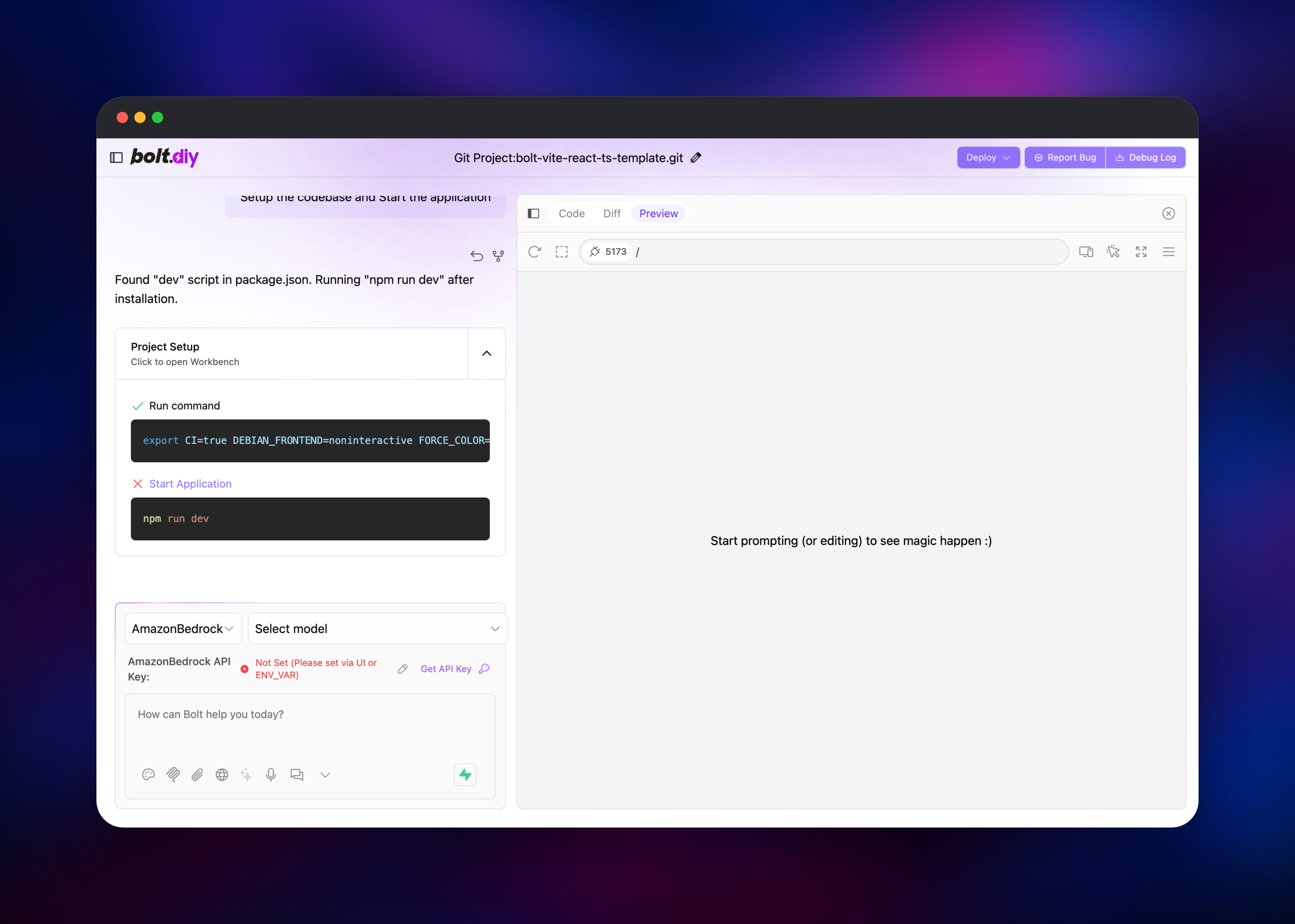 bolt.diy preview tab serving the running project on port 5173