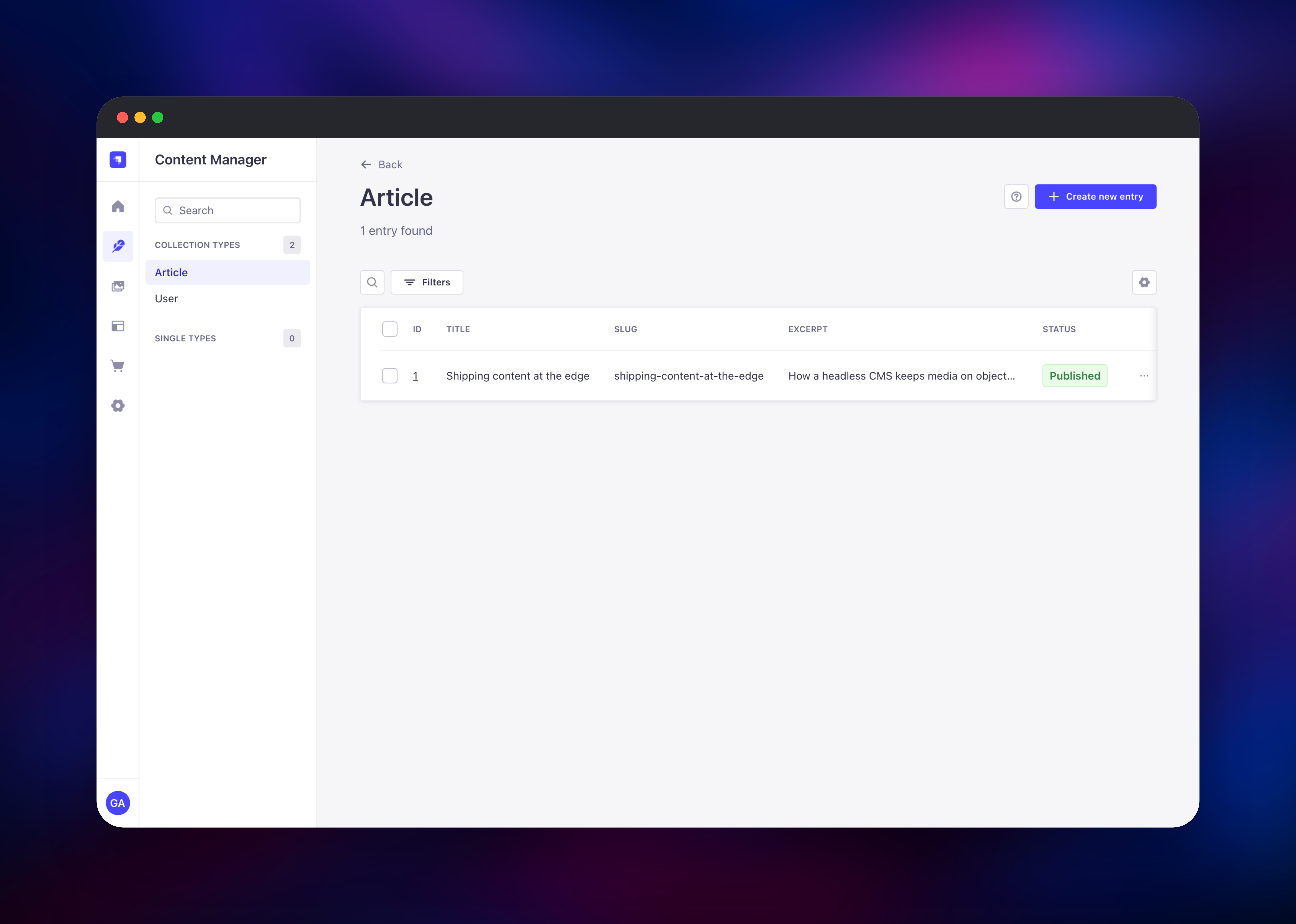 Strapi Content Manager listing a published Article entry