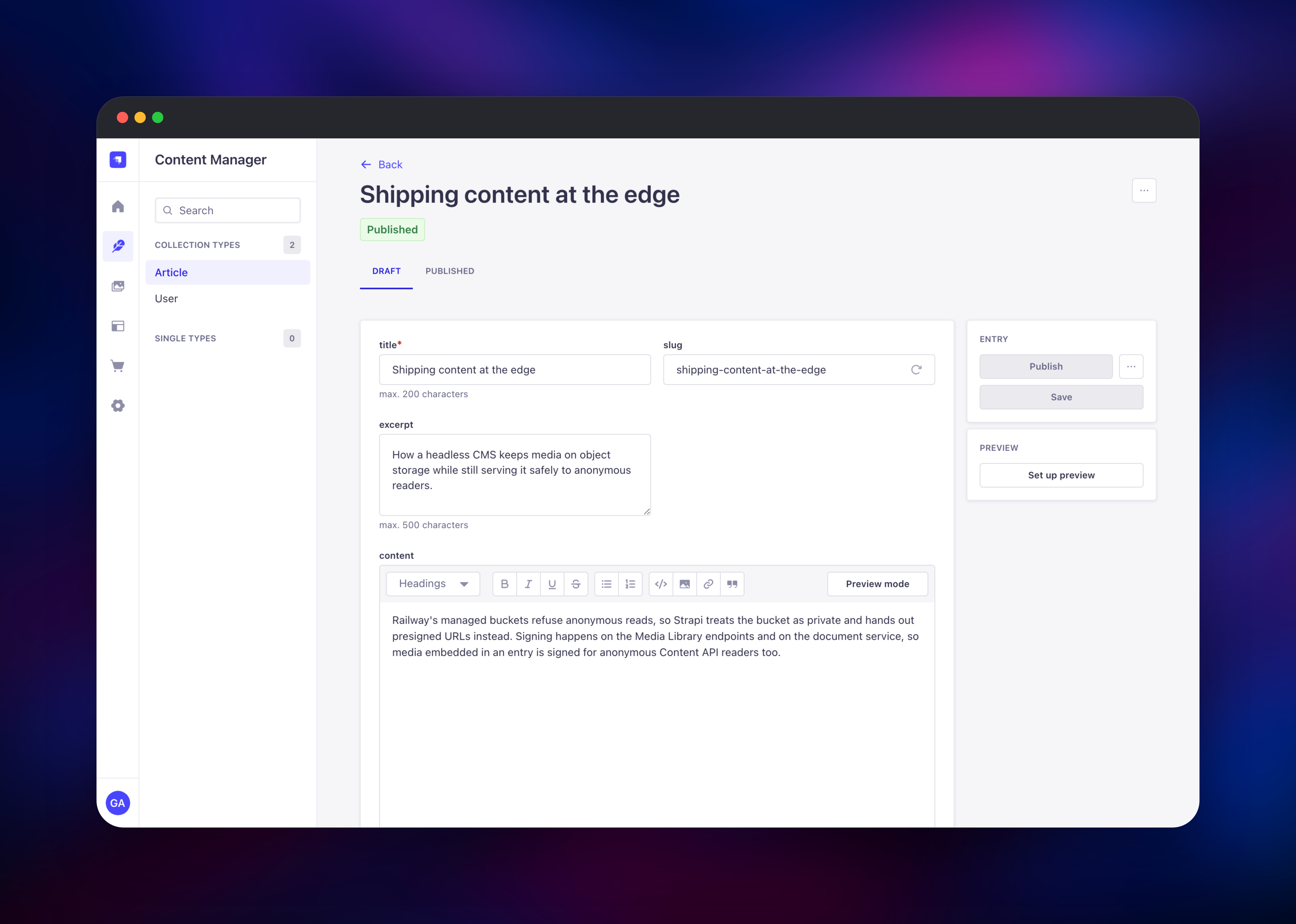Strapi editor with a published article's title, excerpt and body