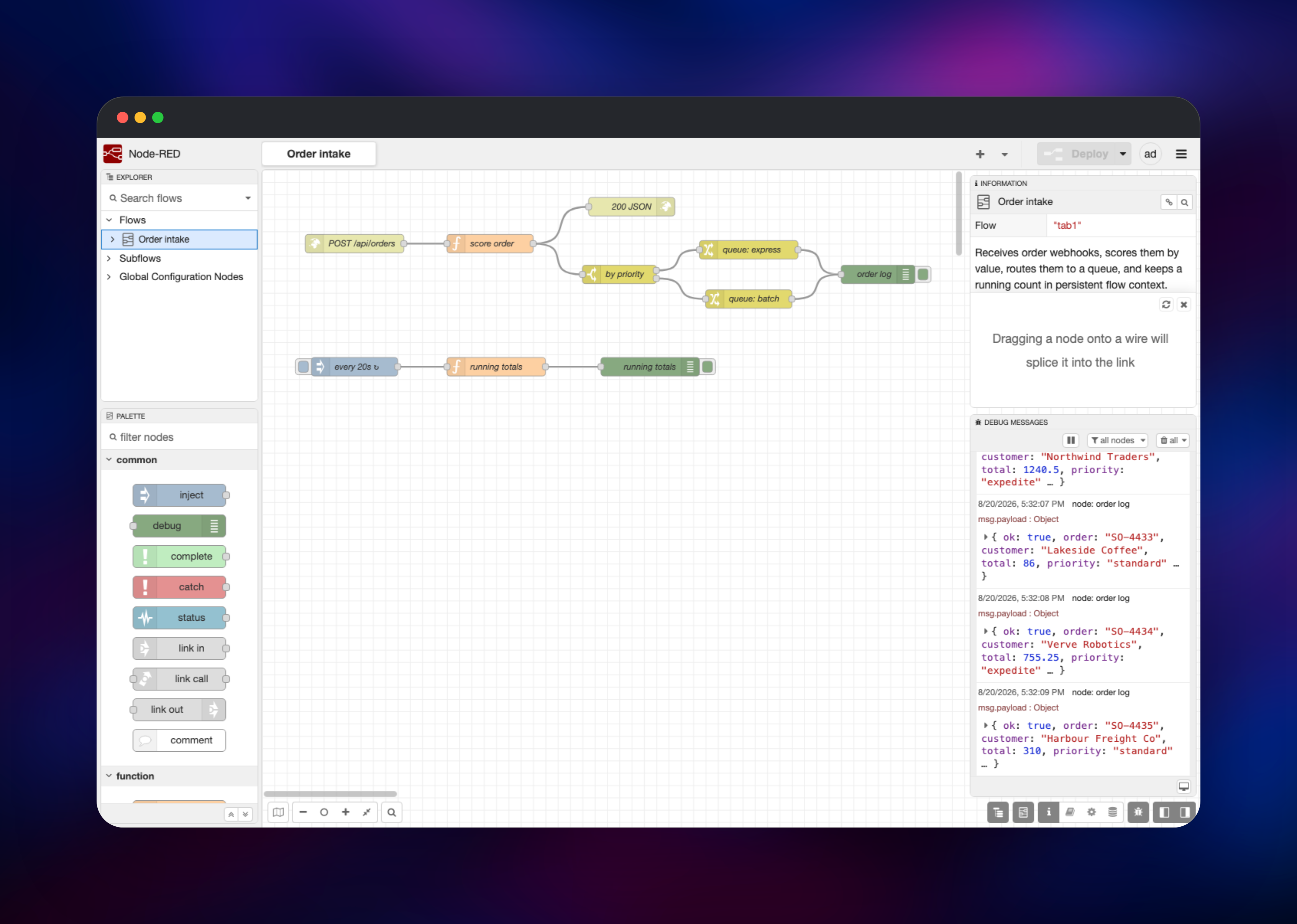 Node-RED flow routing order webhooks to priority queues