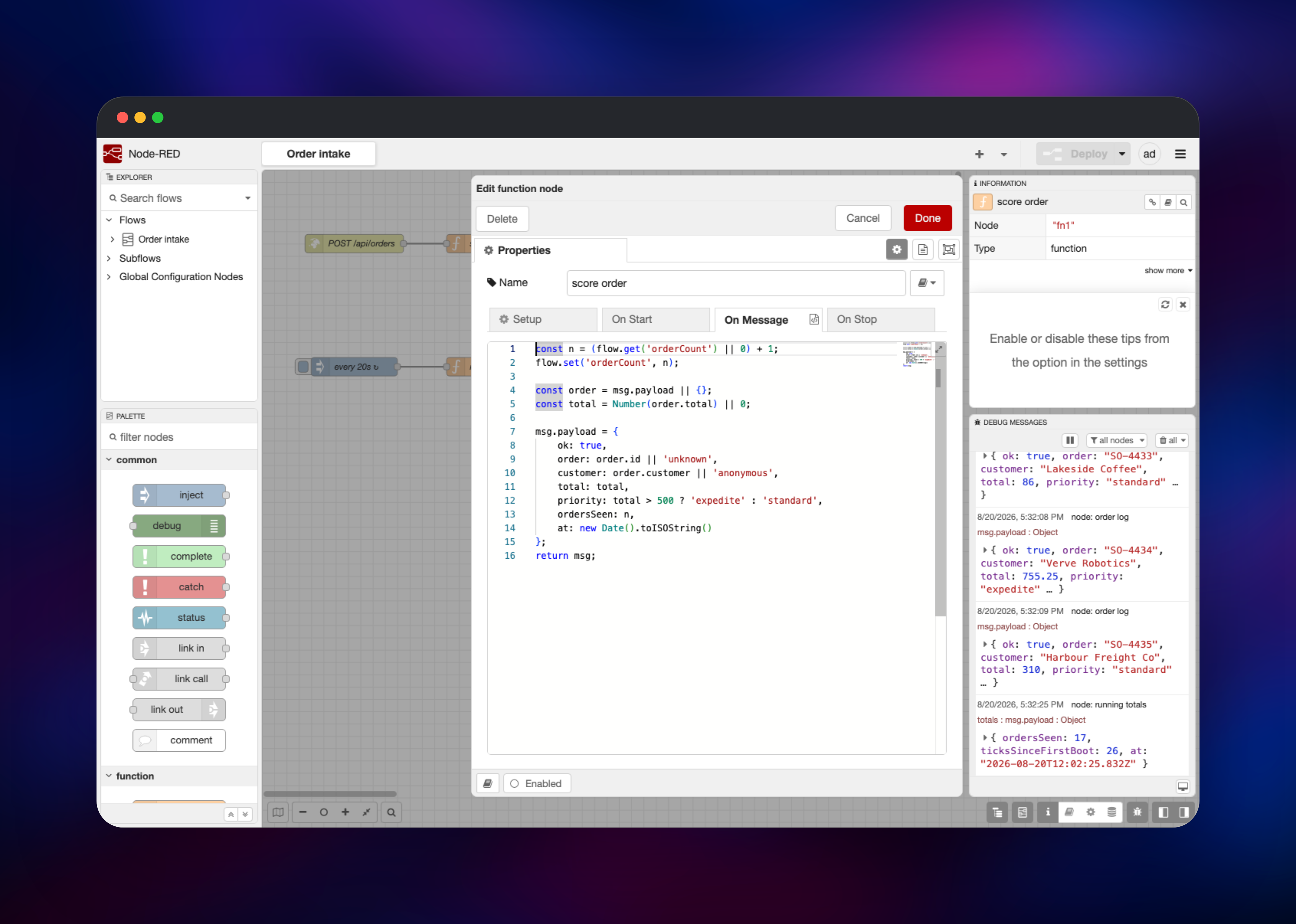 Node-RED function node editor showing order scoring JavaScript