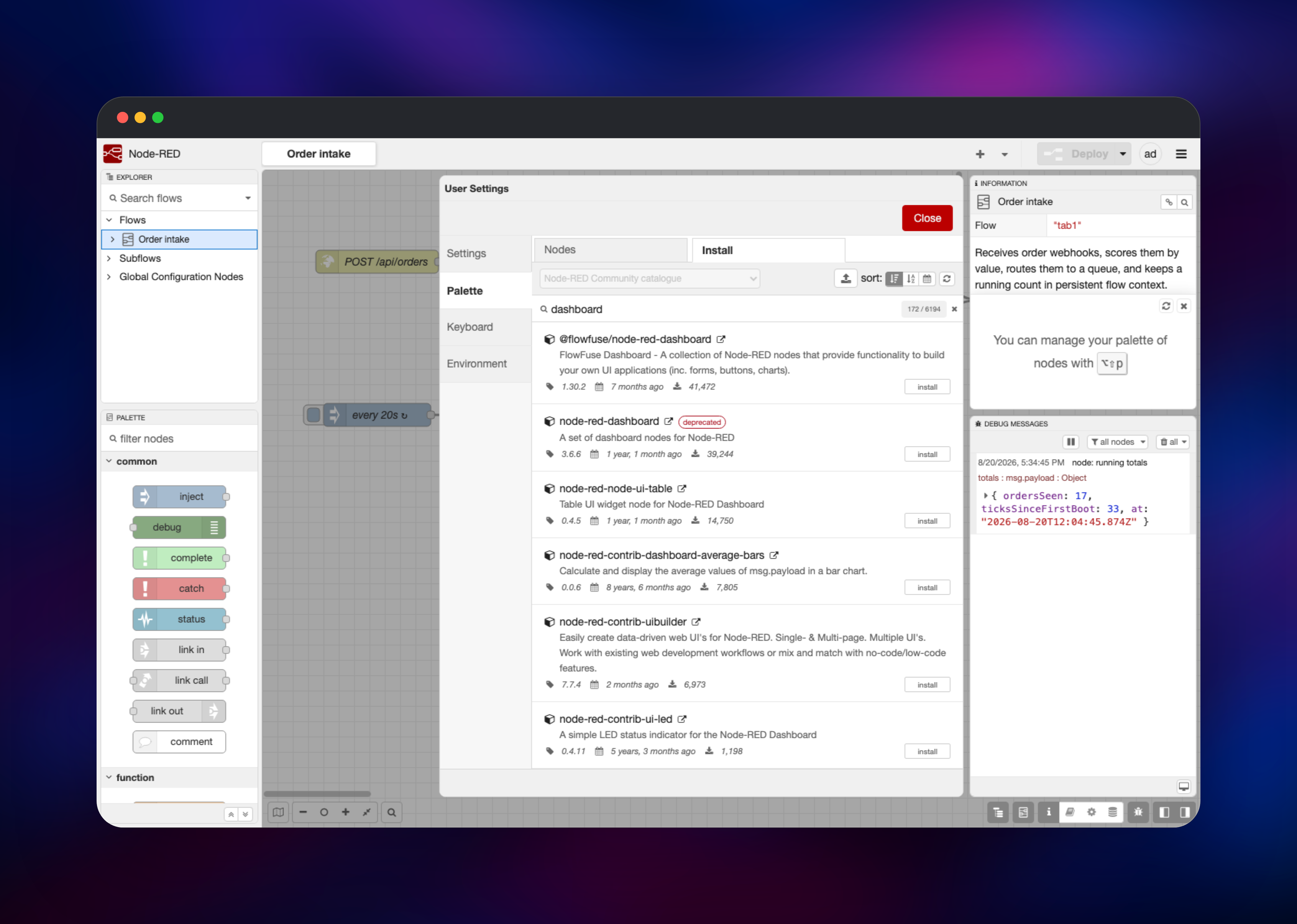 Node-RED palette manager listing installable dashboard modules