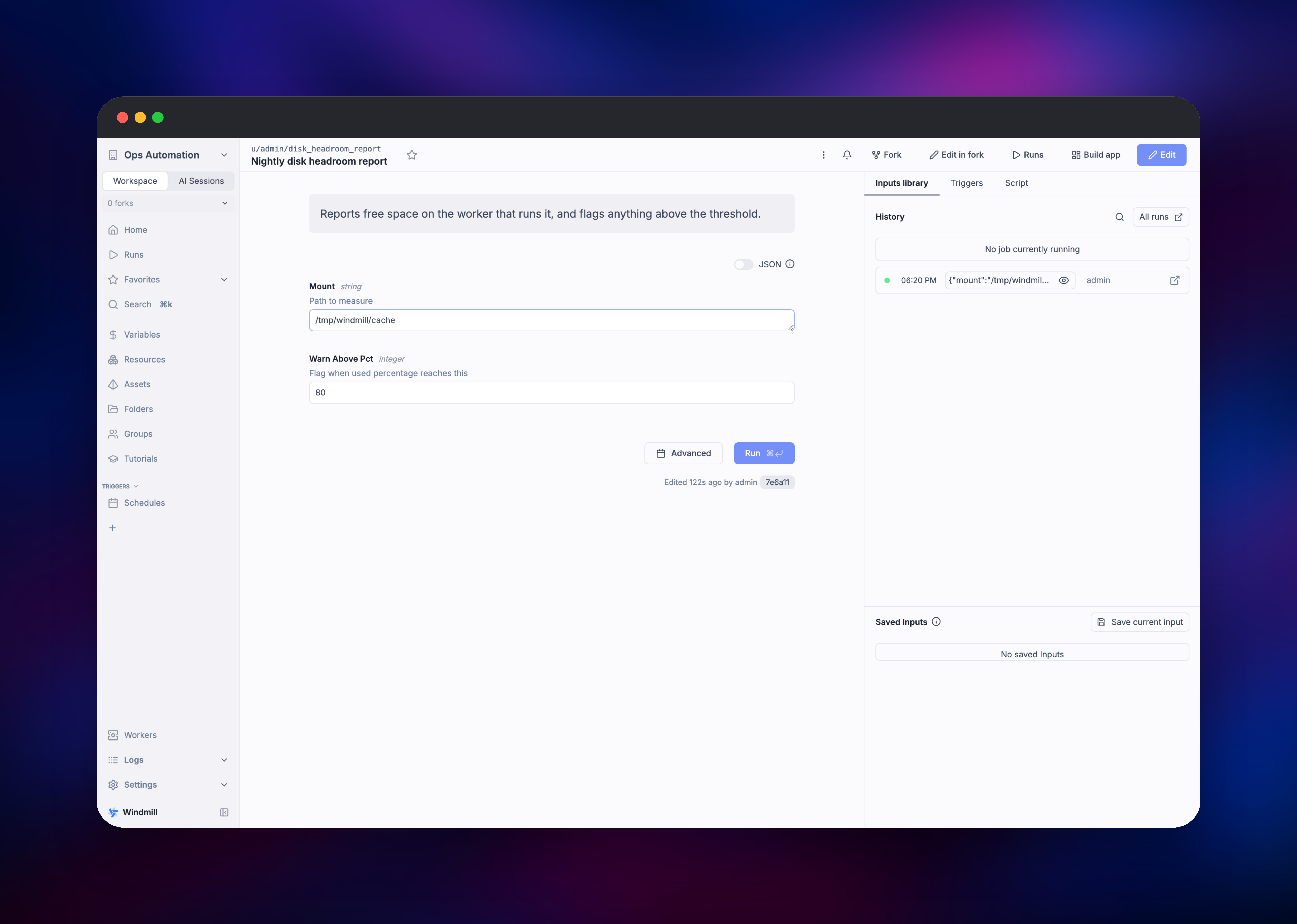 Windmill script page with the input form generated from its parameters