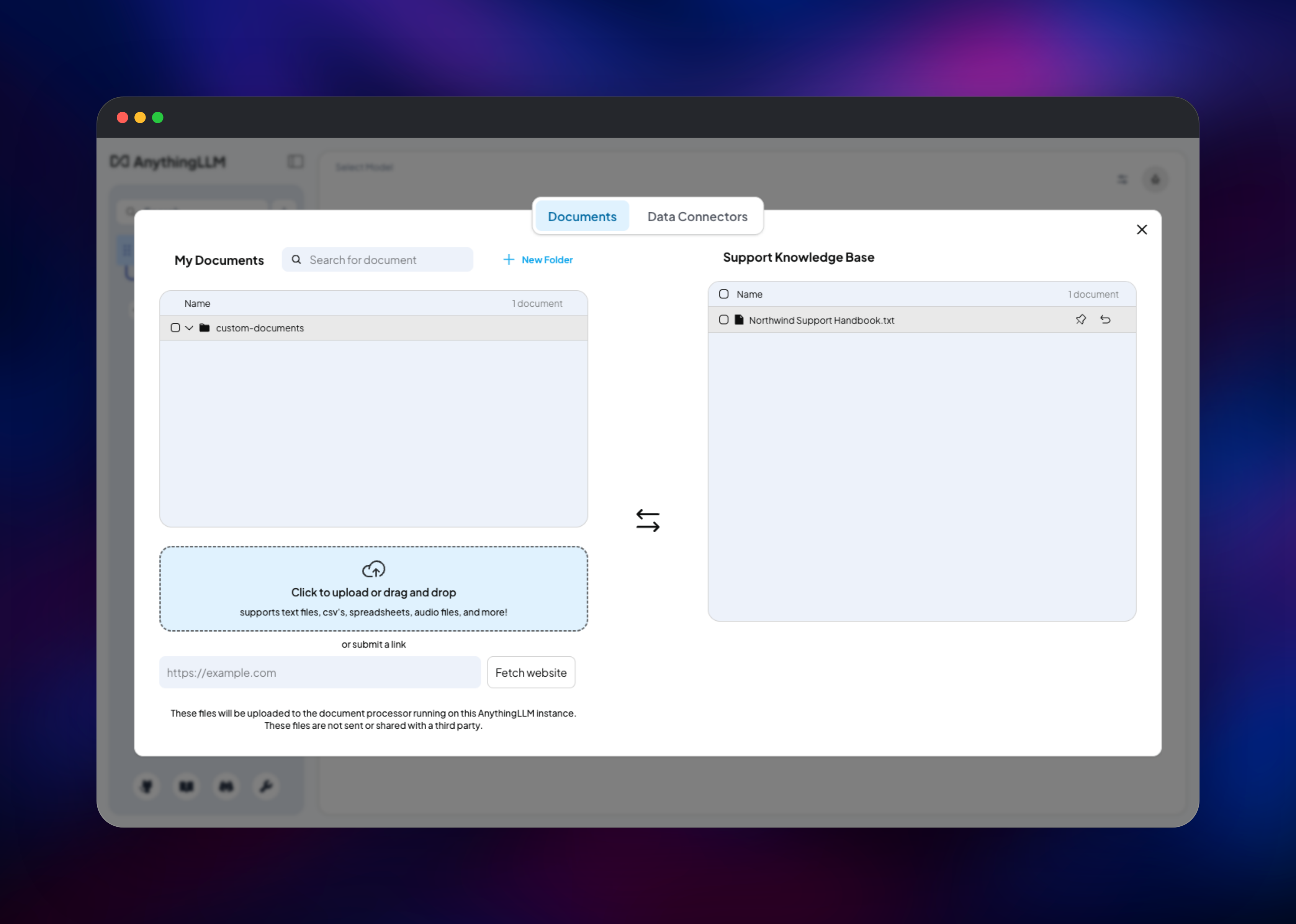 AnythingLLM document manager moving a support handbook into a workspace