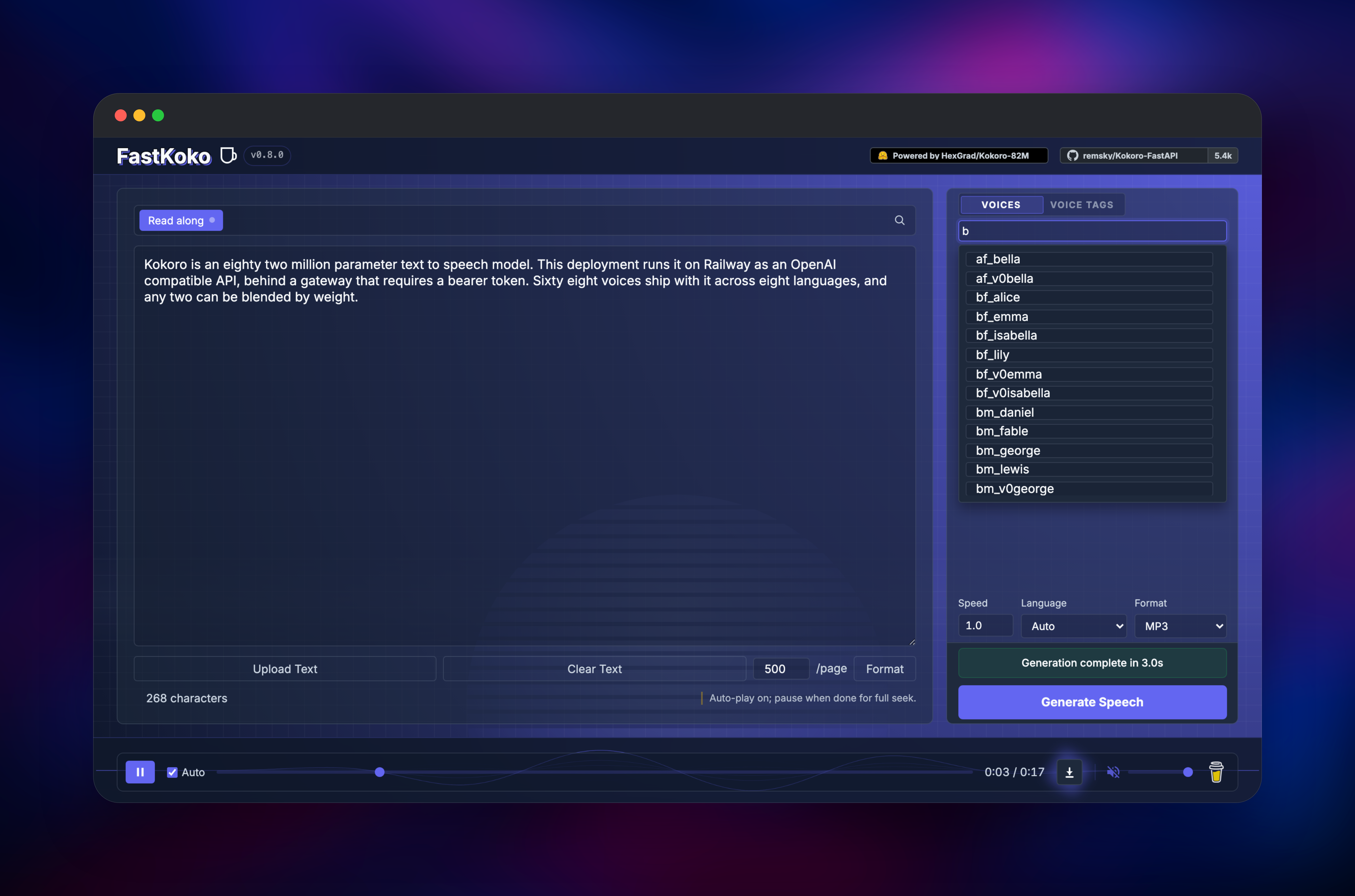 Kokoro voice catalogue filtered to British and blended voices