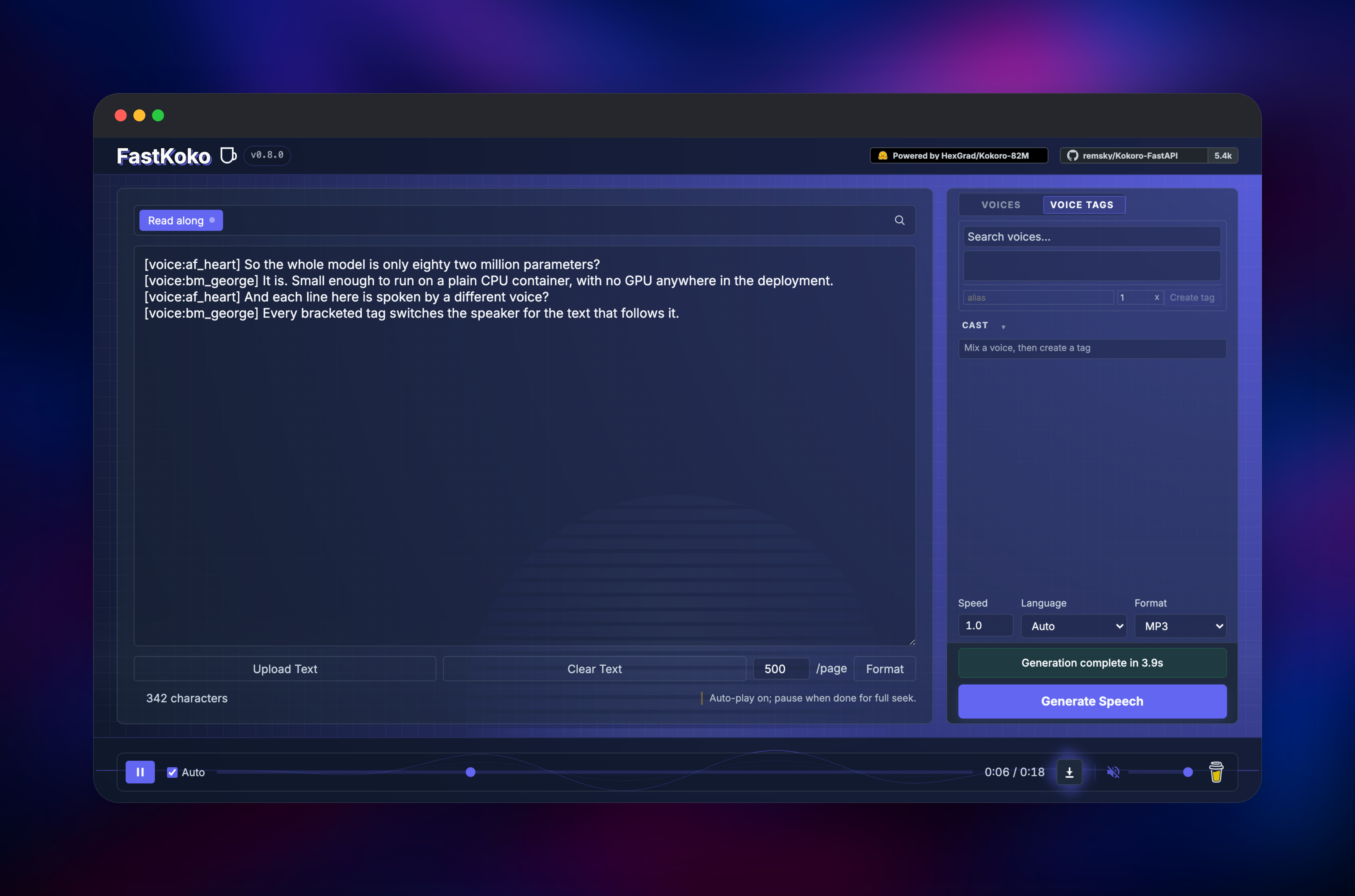Two-speaker dialogue written with inline Kokoro voice tags