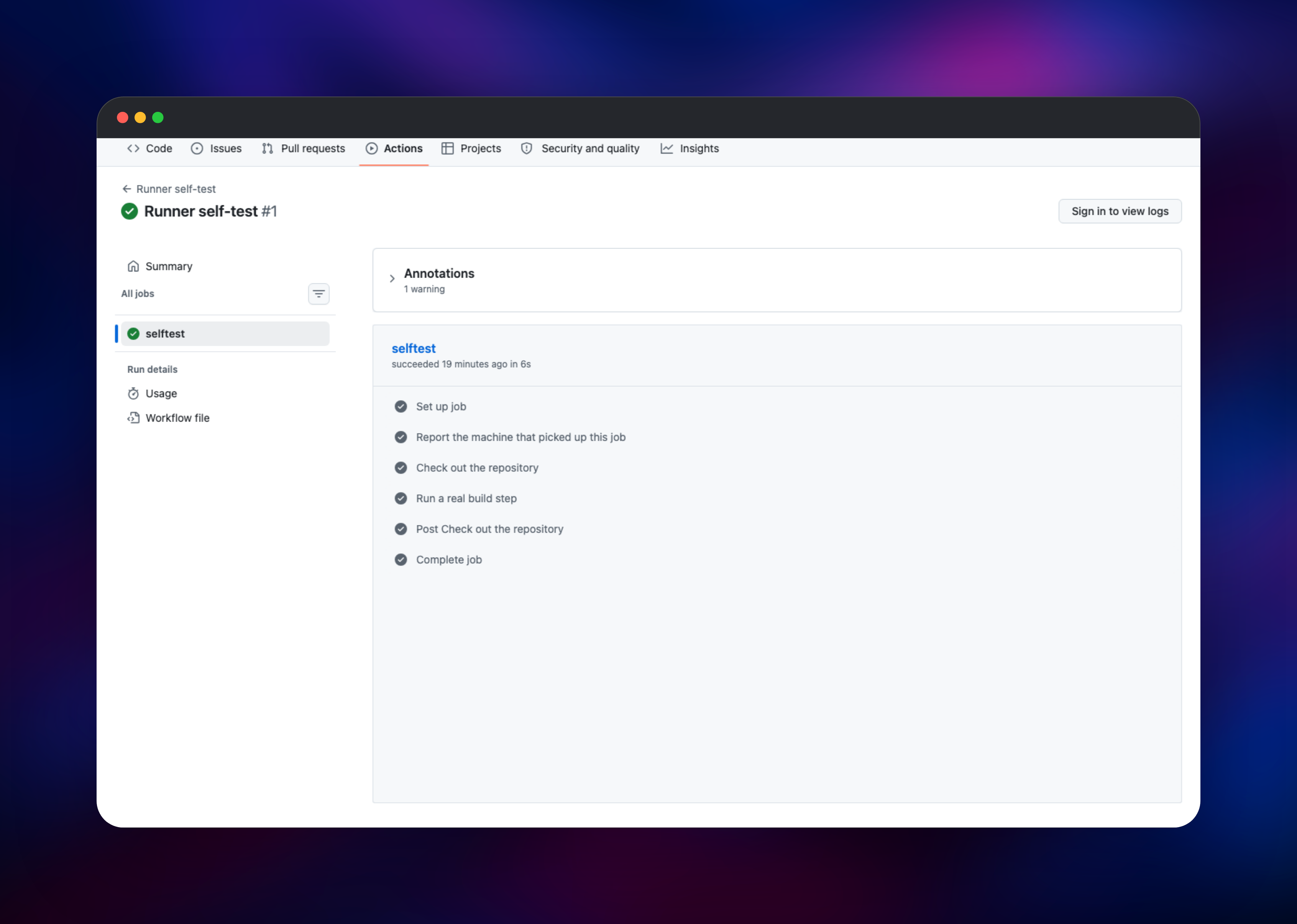 Completed job steps including checkout and a build step