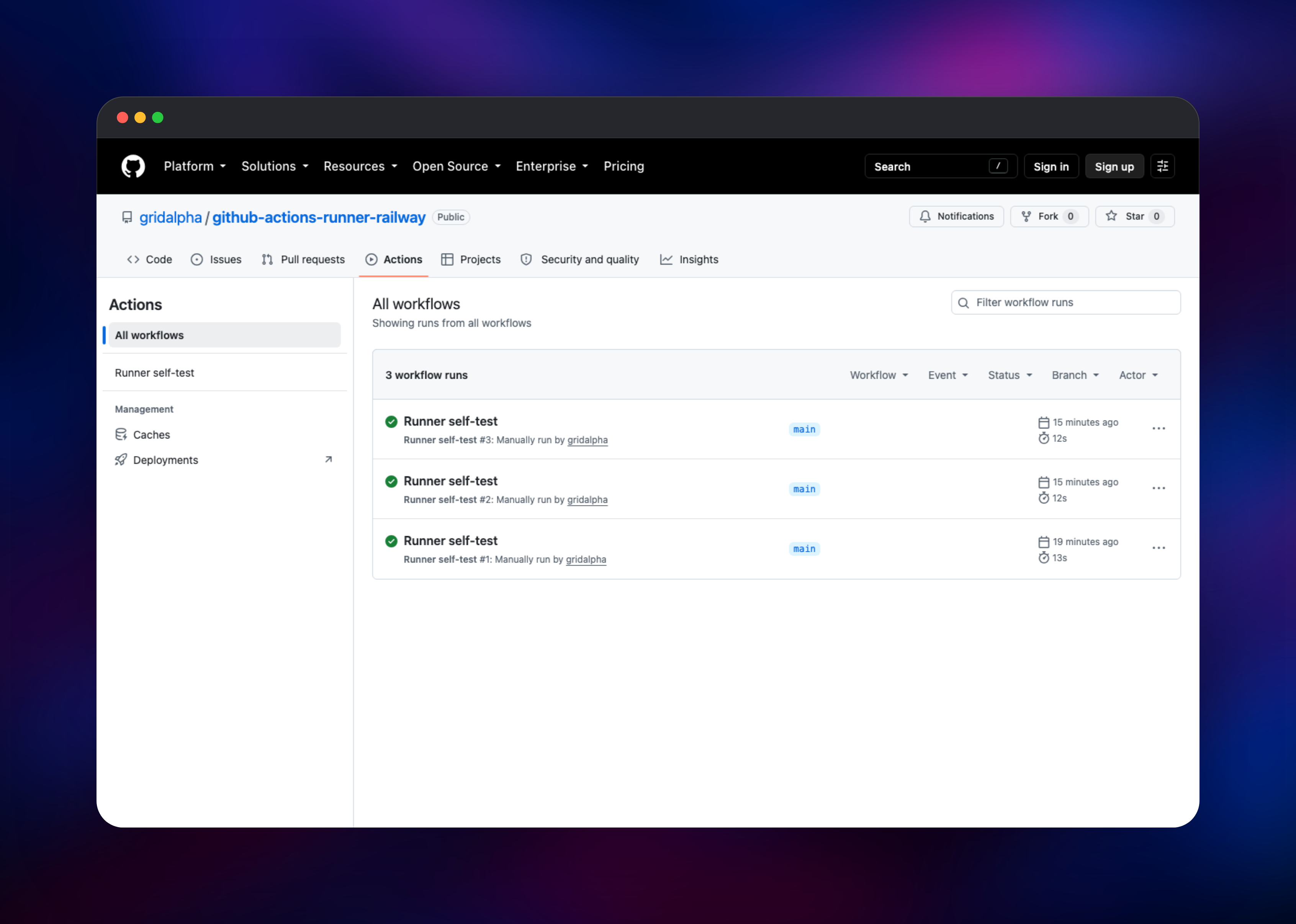 Three successful GitHub Actions runs on the self-hosted runner