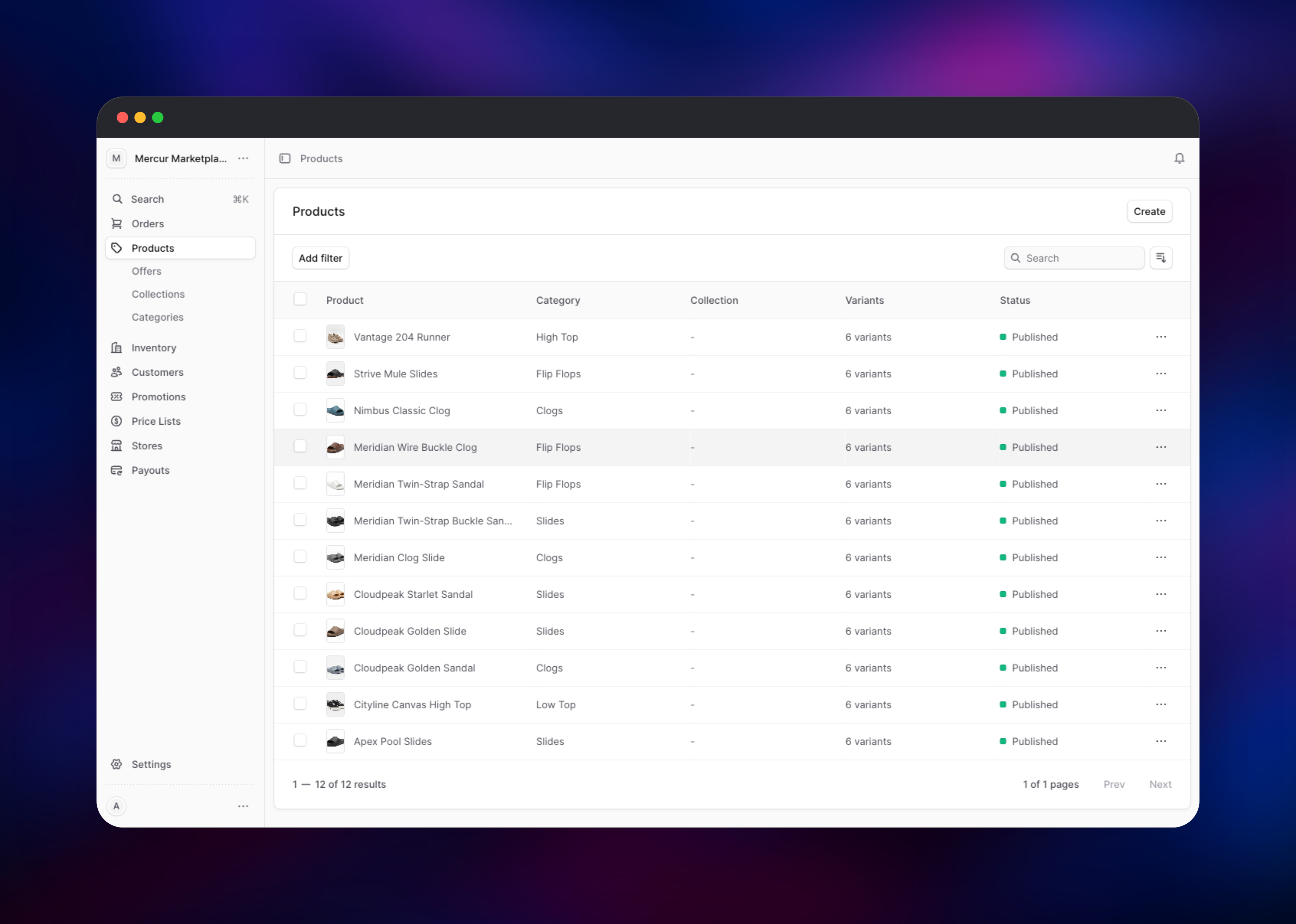 Mercur admin console listing twelve published marketplace products