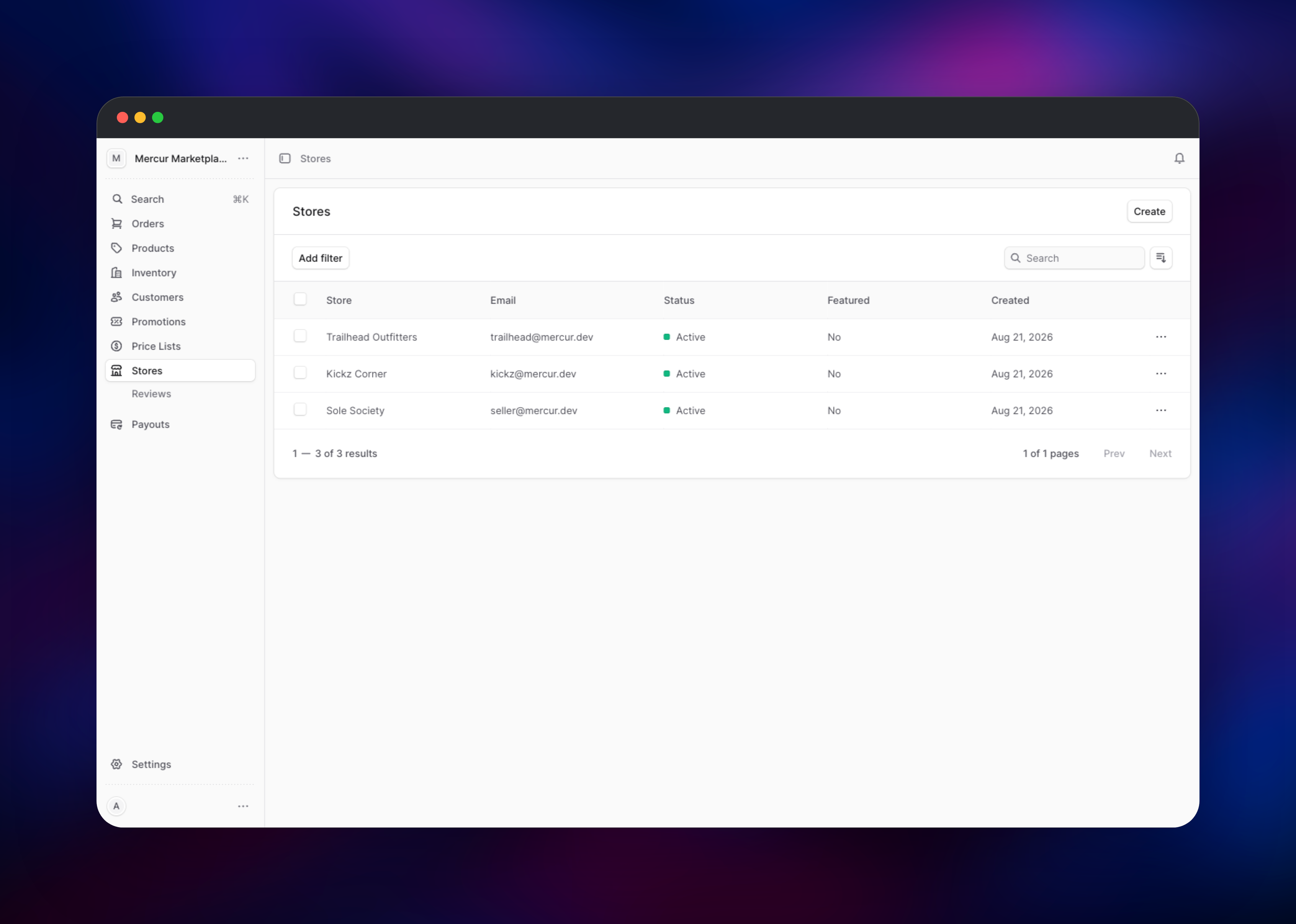 Admin console showing three active vendor stores
