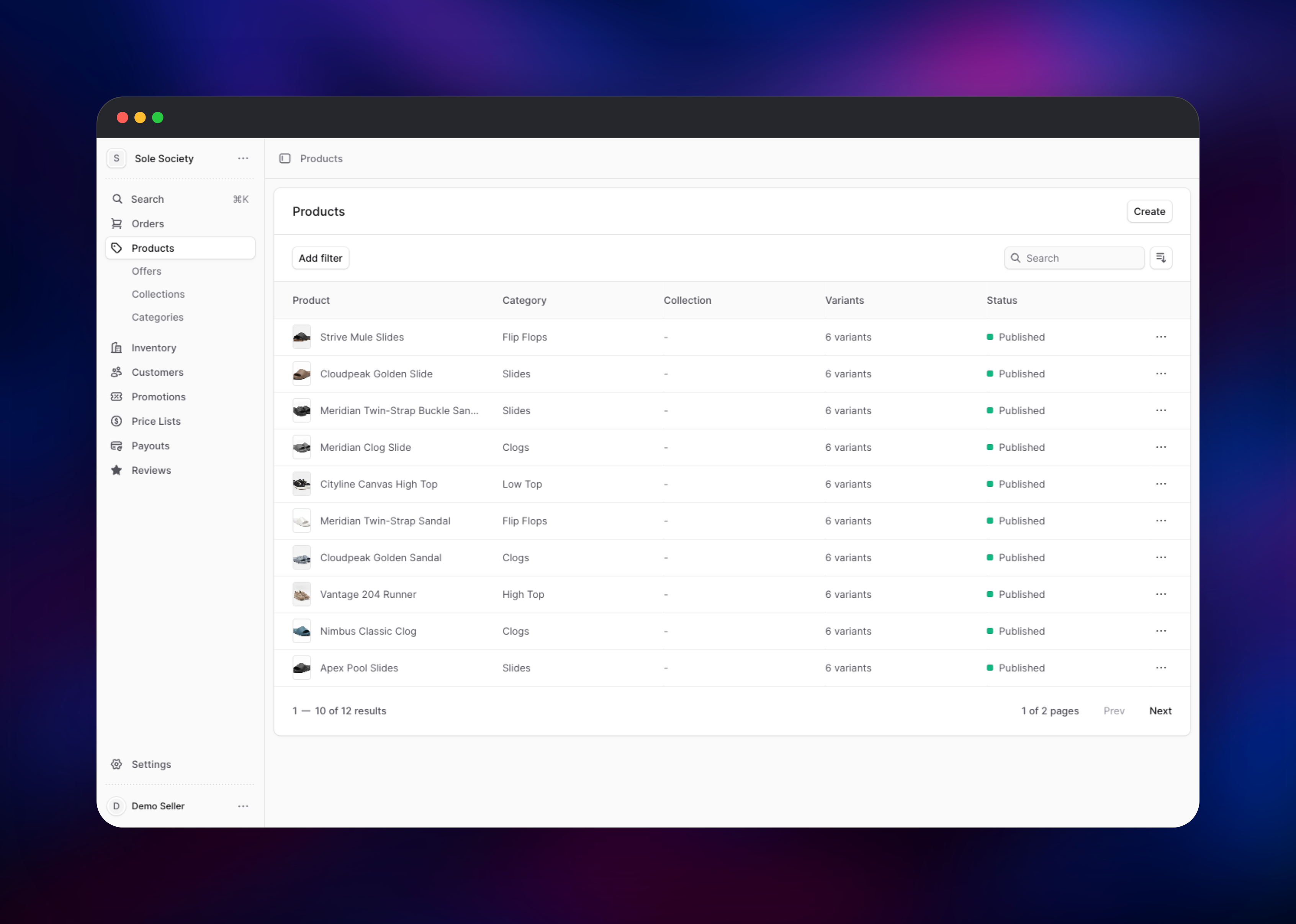 Vendor Hub product list for the Sole Society store