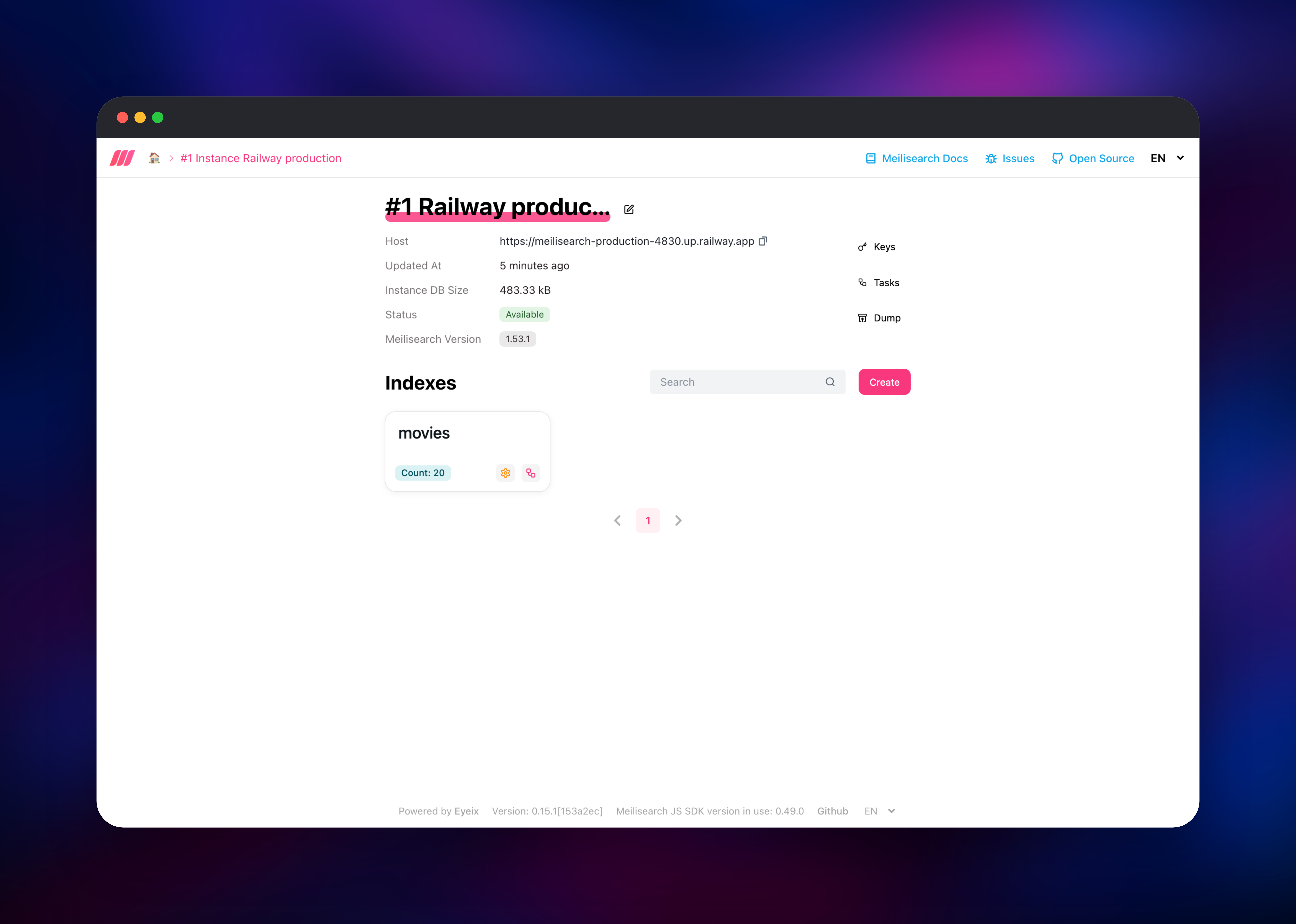 Meilisearch dashboard showing a connected instance and its movies index