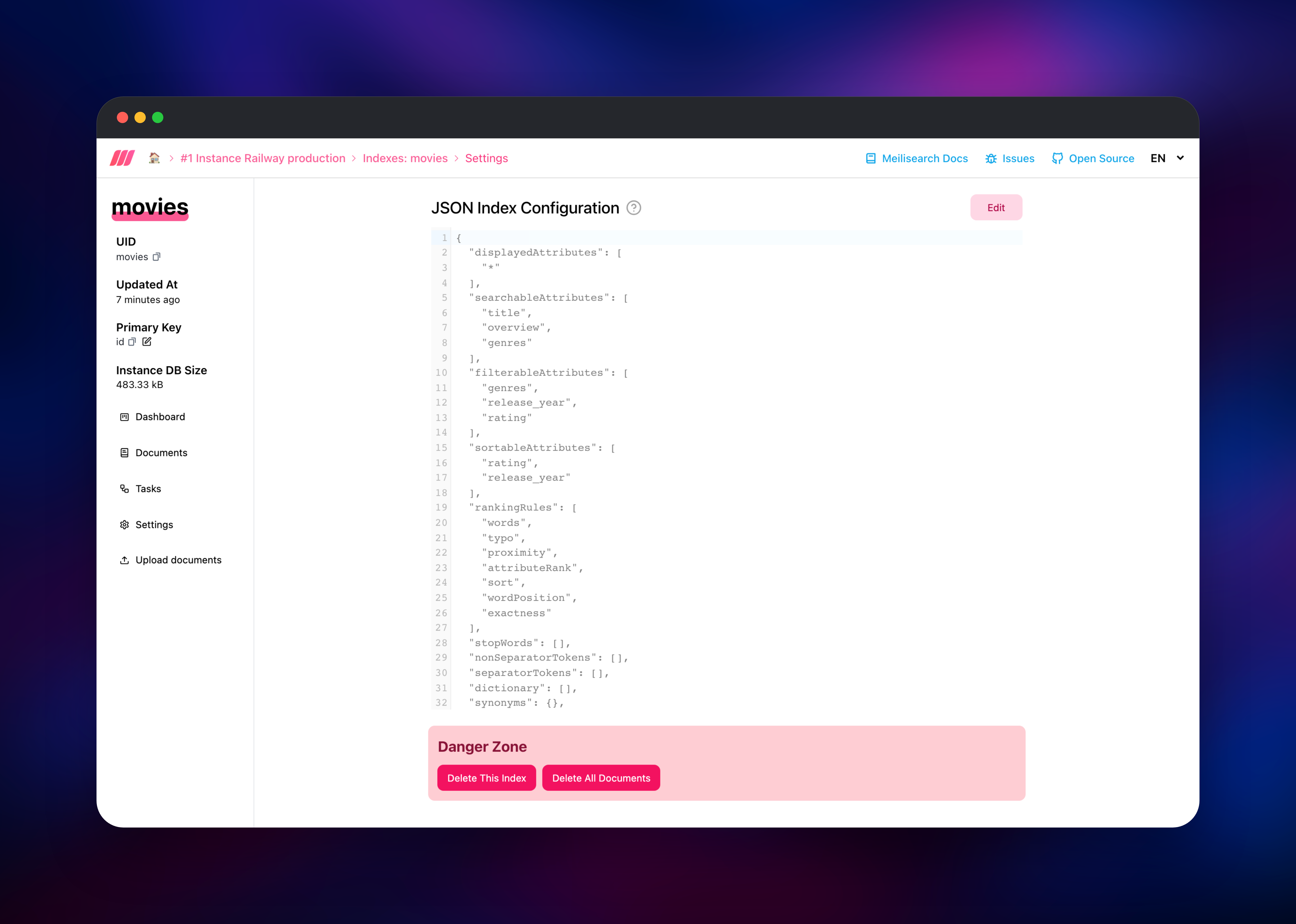 JSON index configuration listing searchable, filterable and sortable attributes