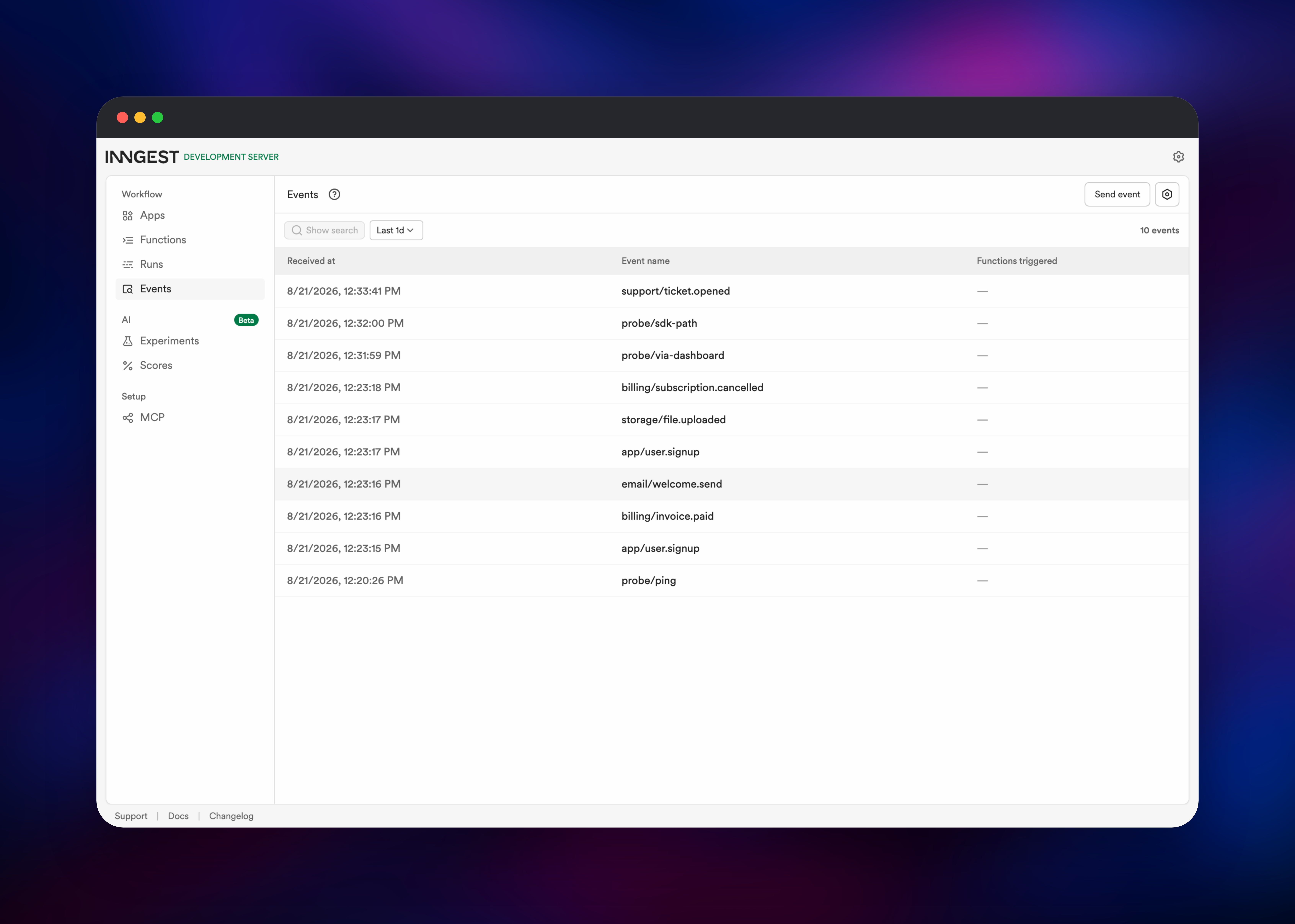 Inngest event stream listing ten received application events