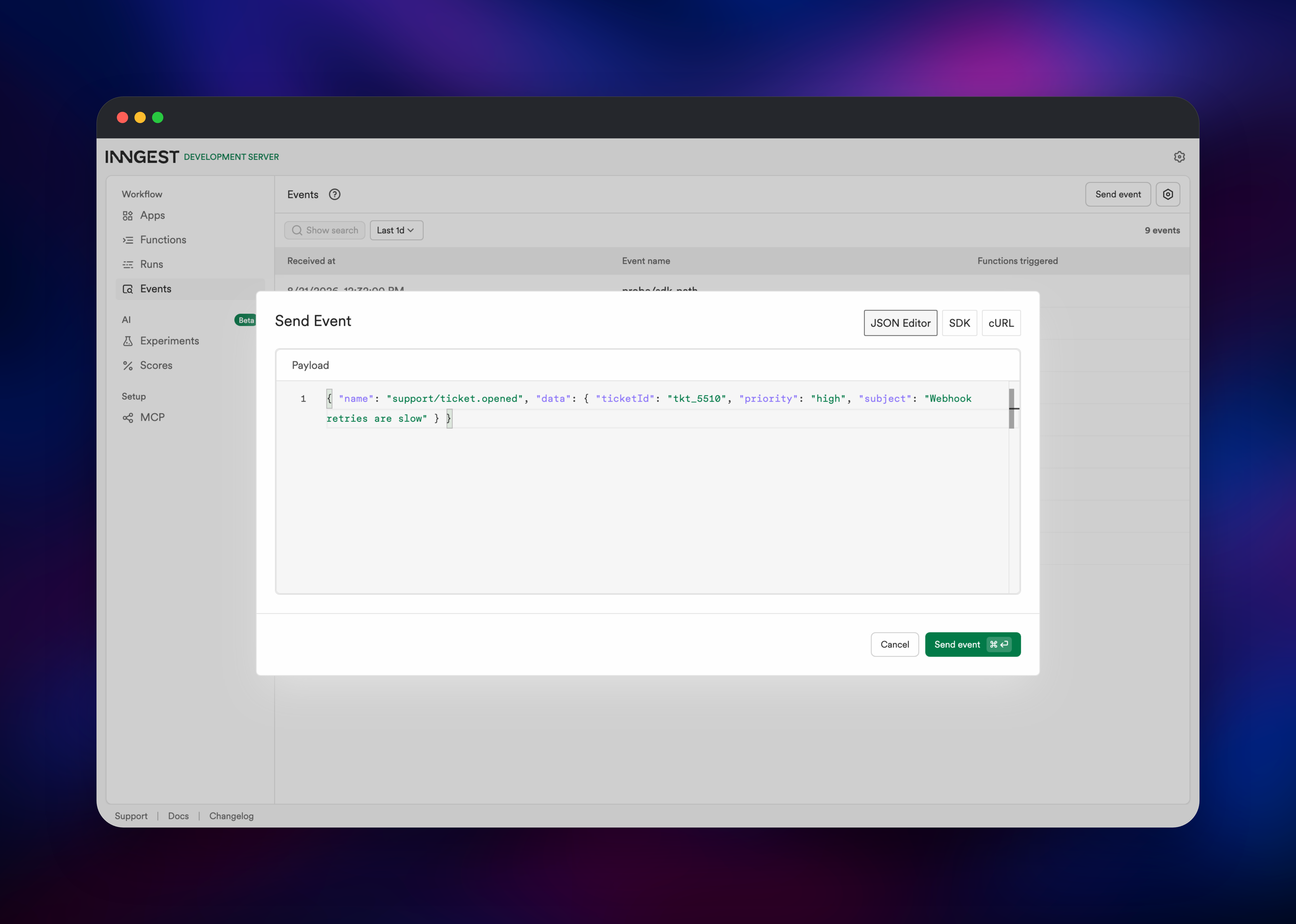 Inngest Send Event dialog with a JSON support ticket payload