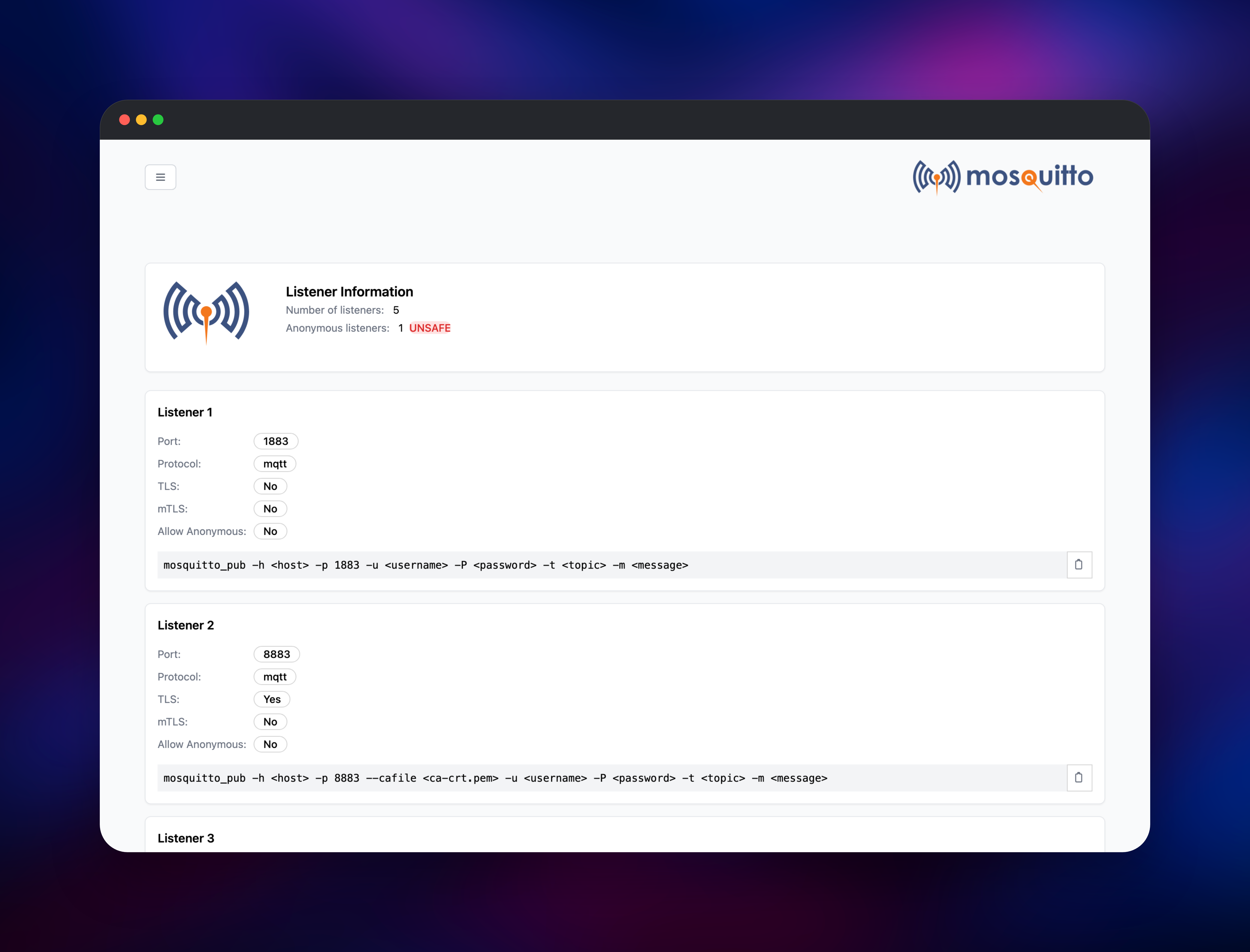 Listener page with MQTT, TLS and WebSocket connection commands