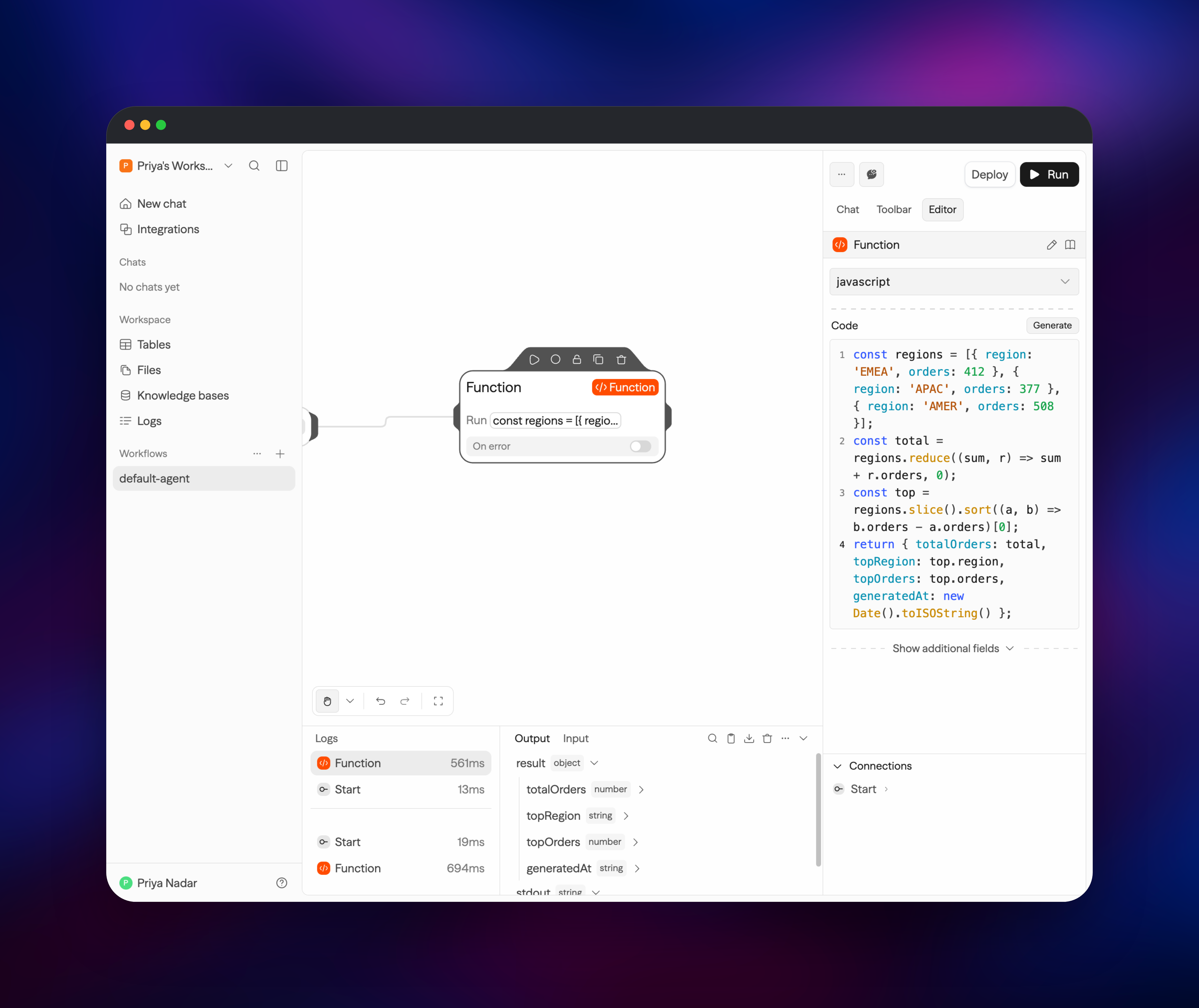 Sim workflow canvas with a JavaScript block and its run output