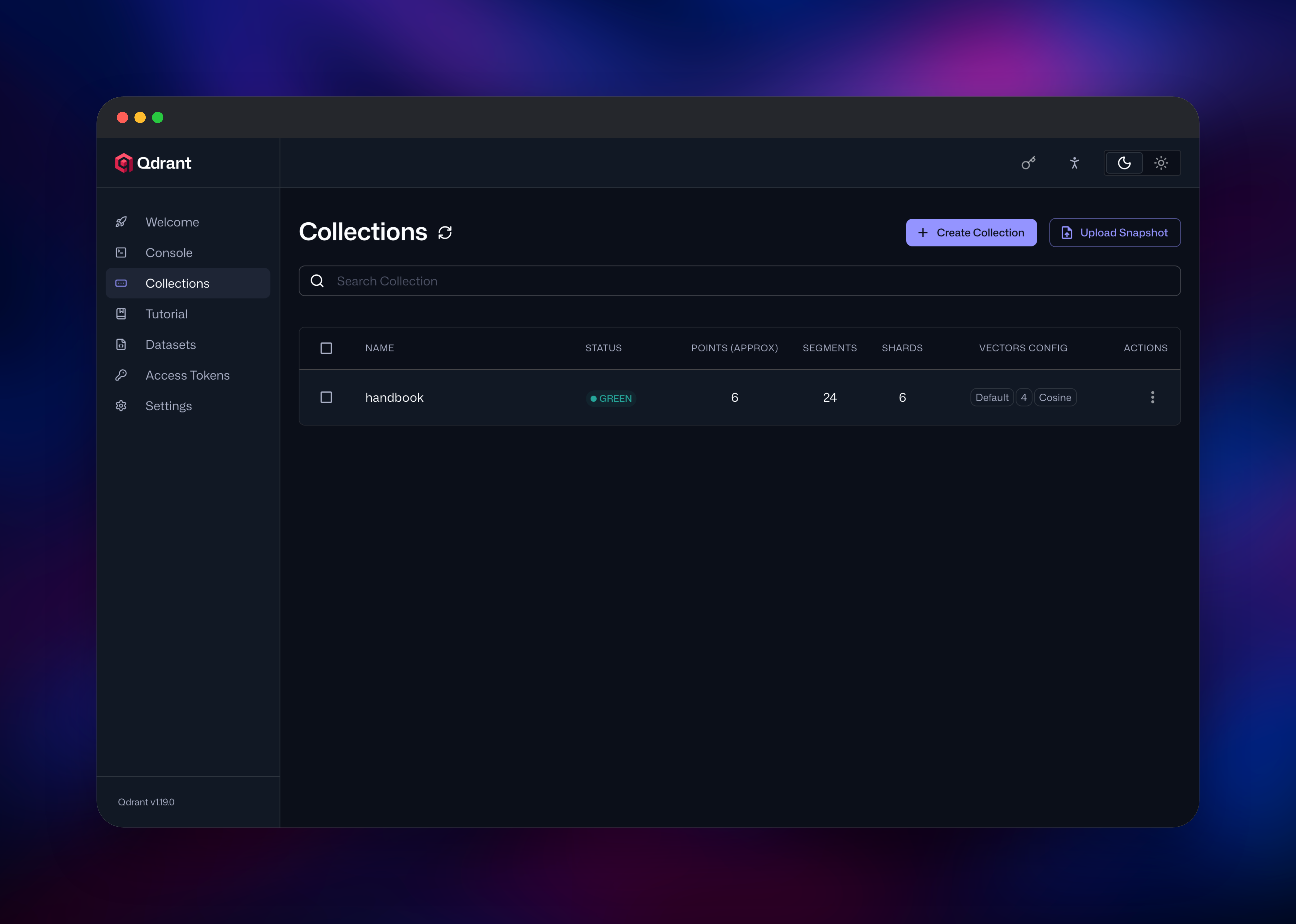 Qdrant dashboard listing the handbook collection across six shards