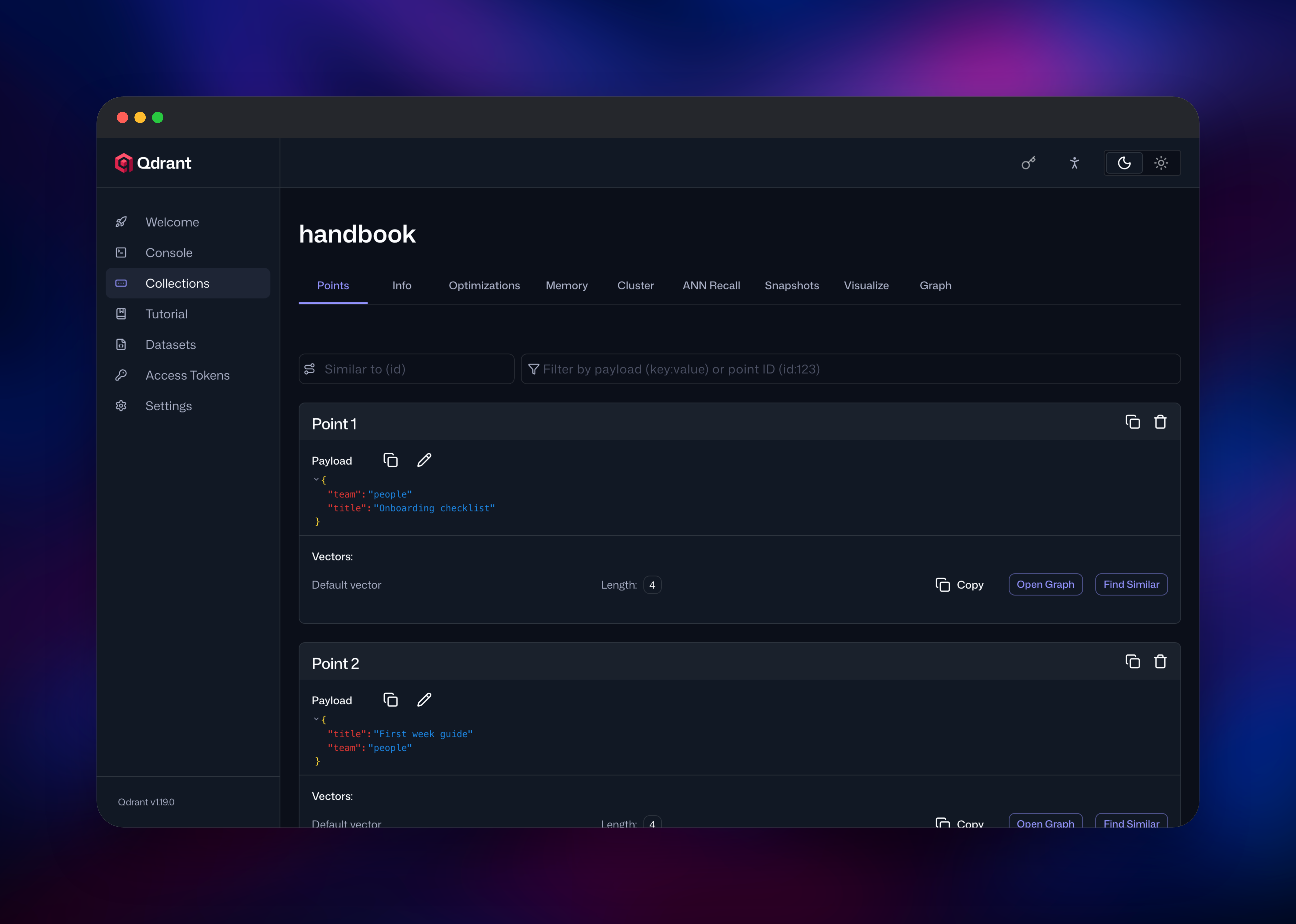 Qdrant points browser showing stored payloads and vector previews