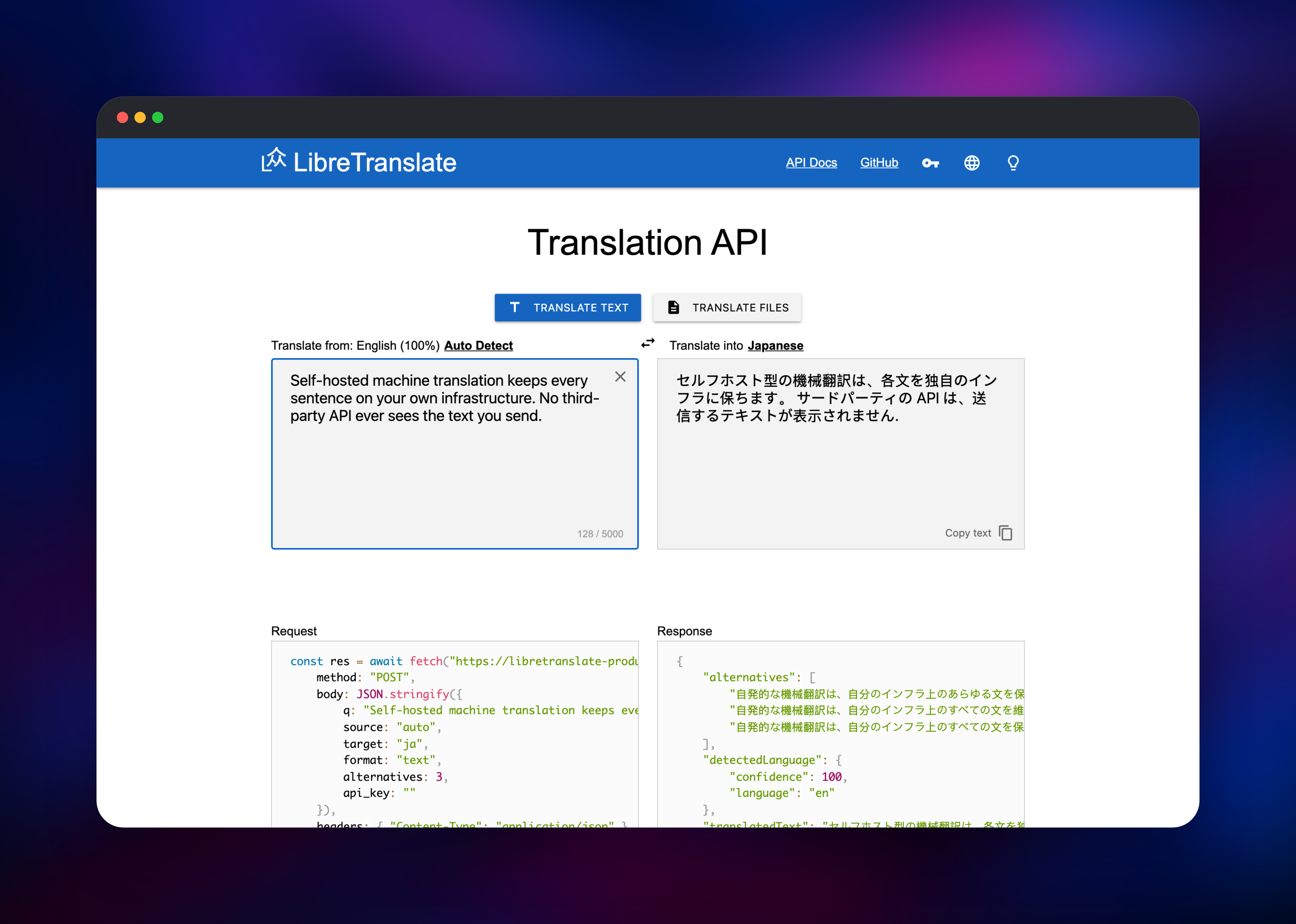 LibreTranslate translating detected English text into Japanese
