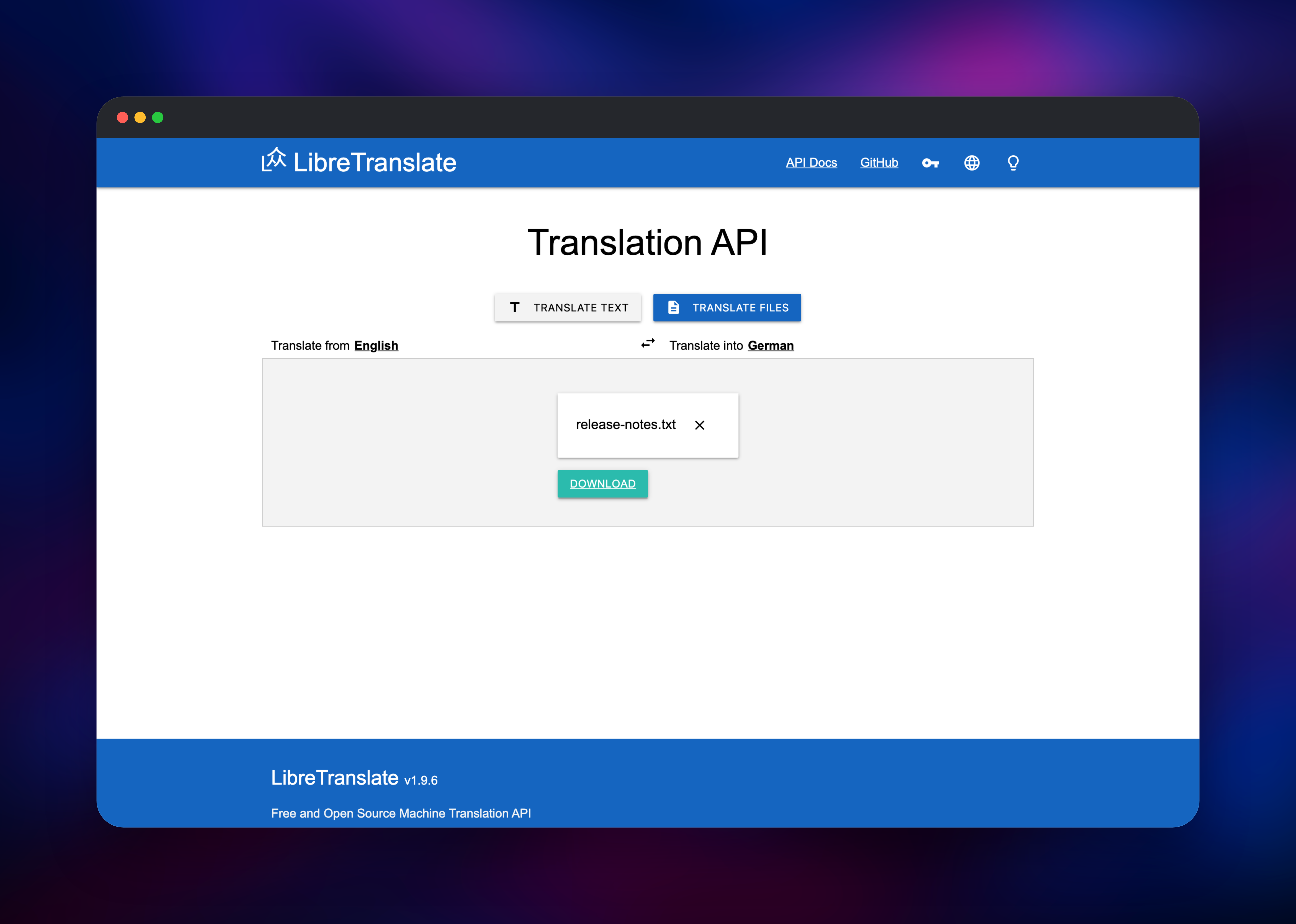 LibreTranslate file tab offering a translated text file to download