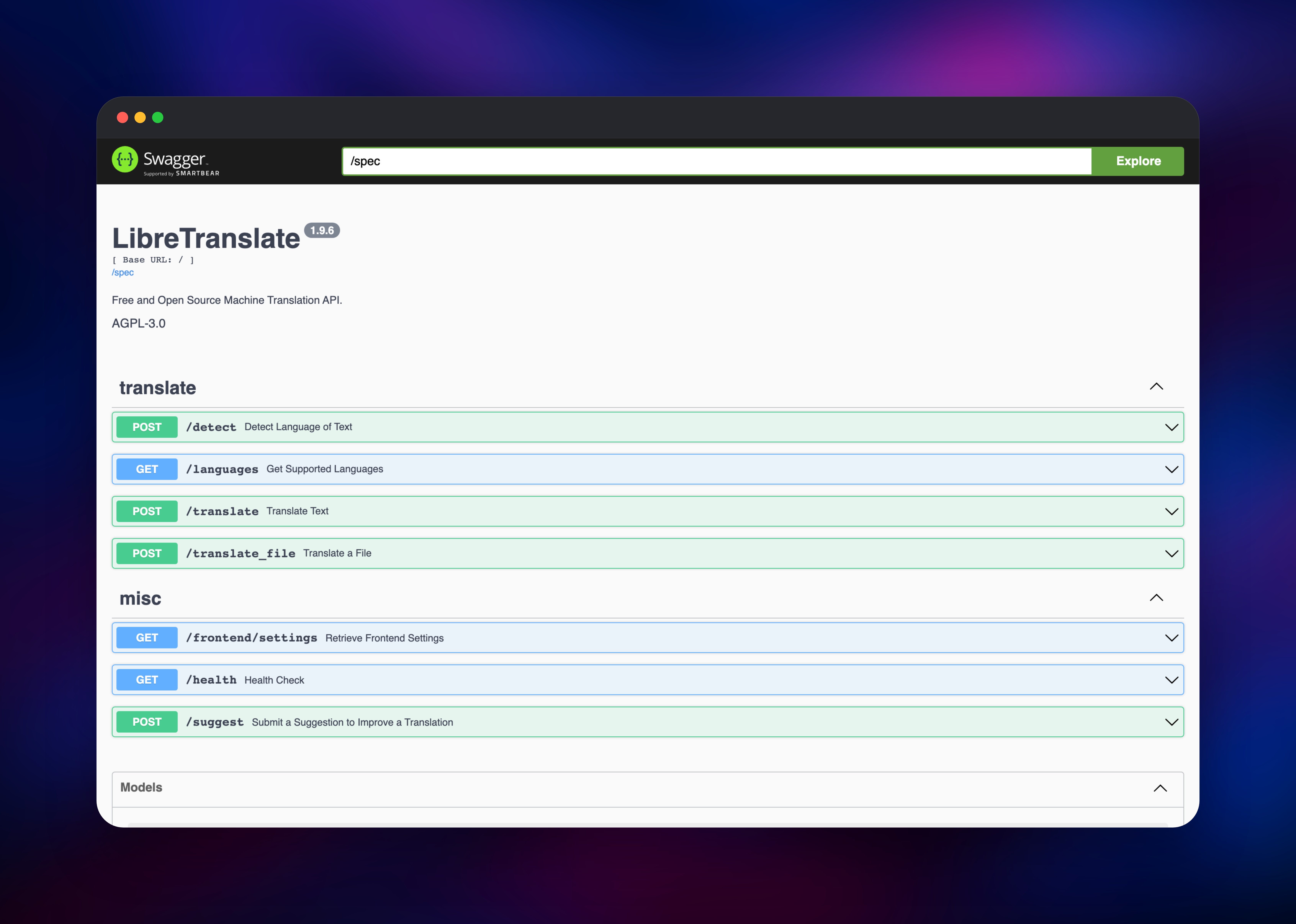 LibreTranslate Swagger docs listing the translate endpoints