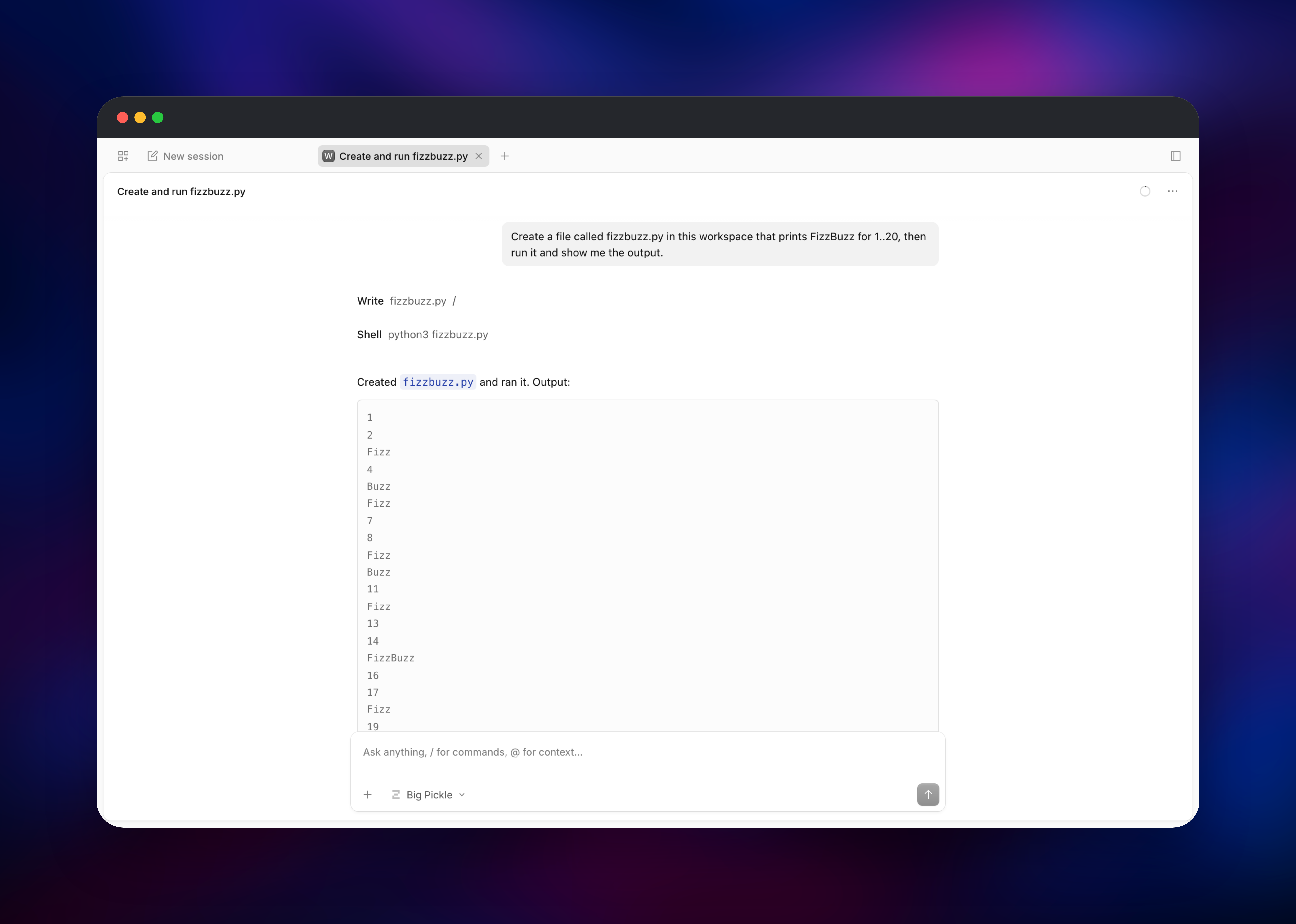 opencode agent writing fizzbuzz.py then running it in the workspace