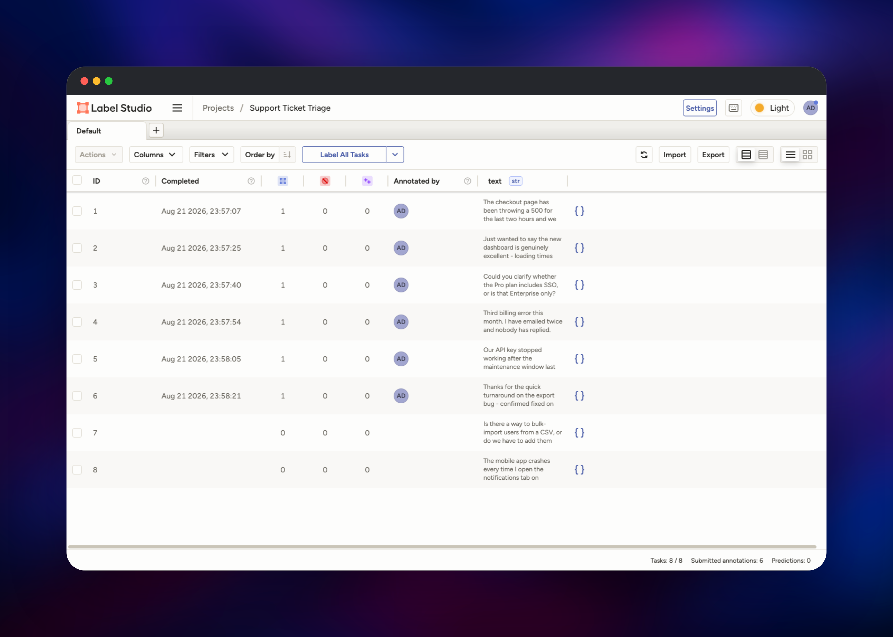 Label Studio data manager listing eight imported support tickets