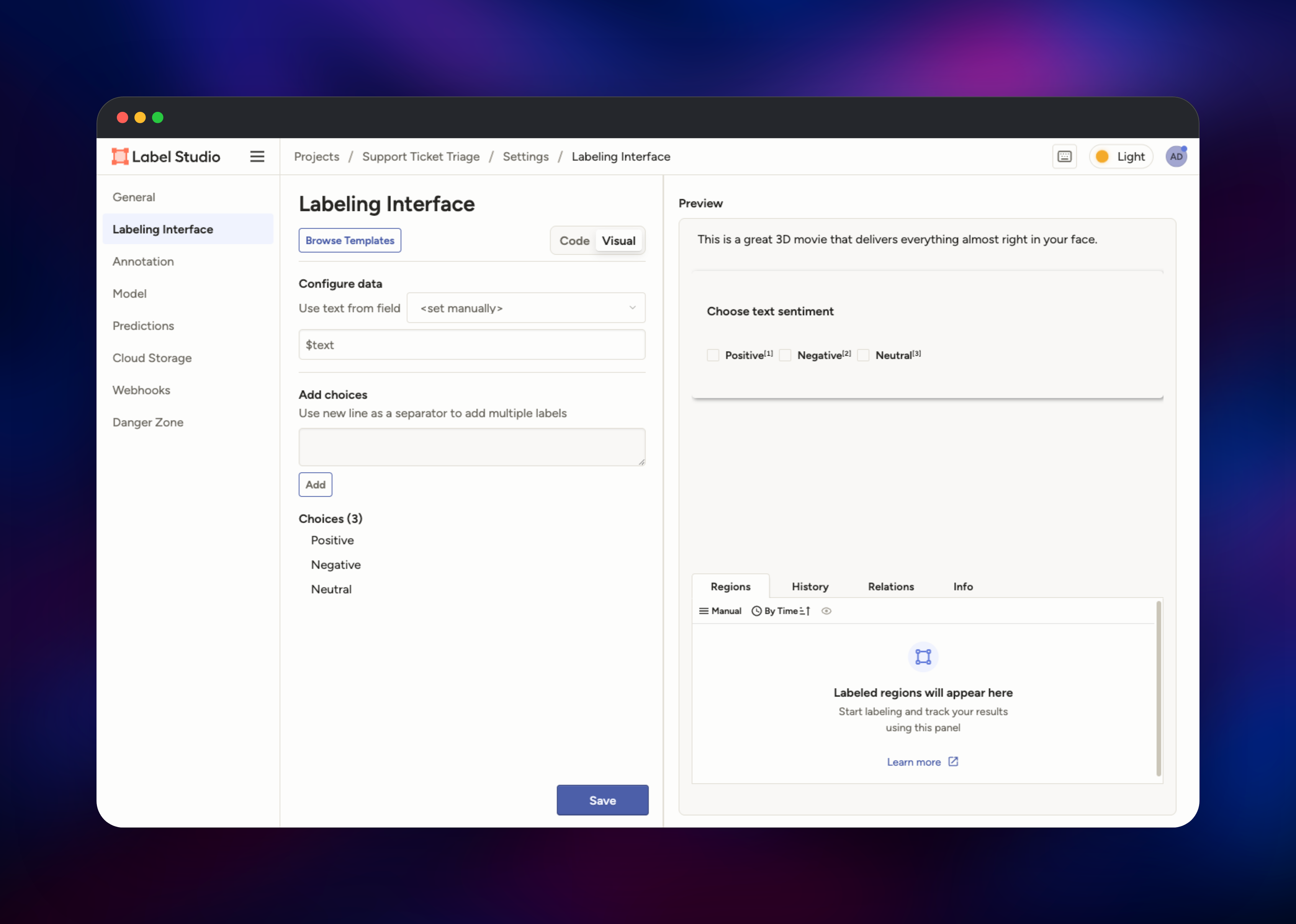 Label Studio labeling interface settings with three sentiment choices