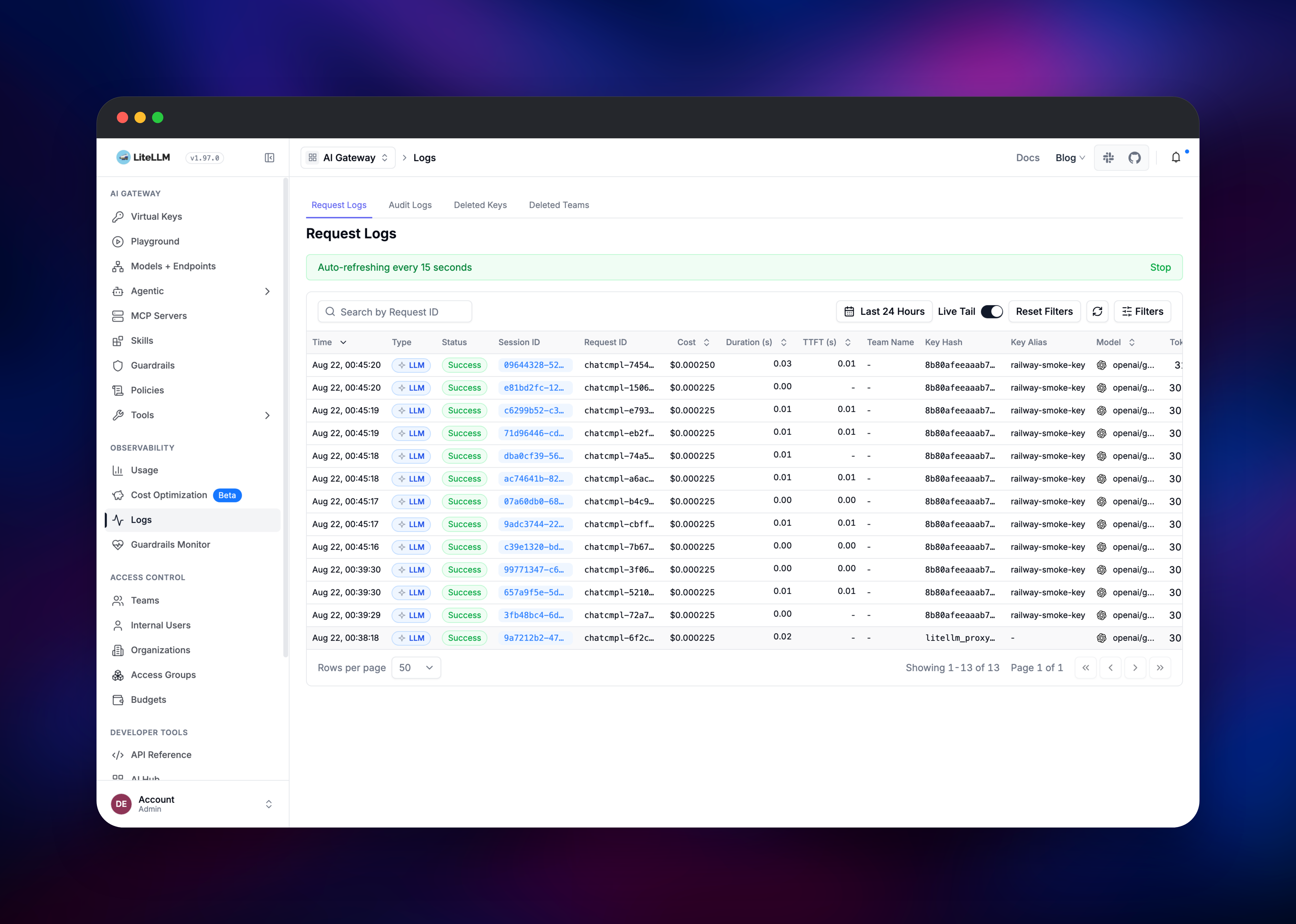 LiteLLM request log showing per-call cost and token counts