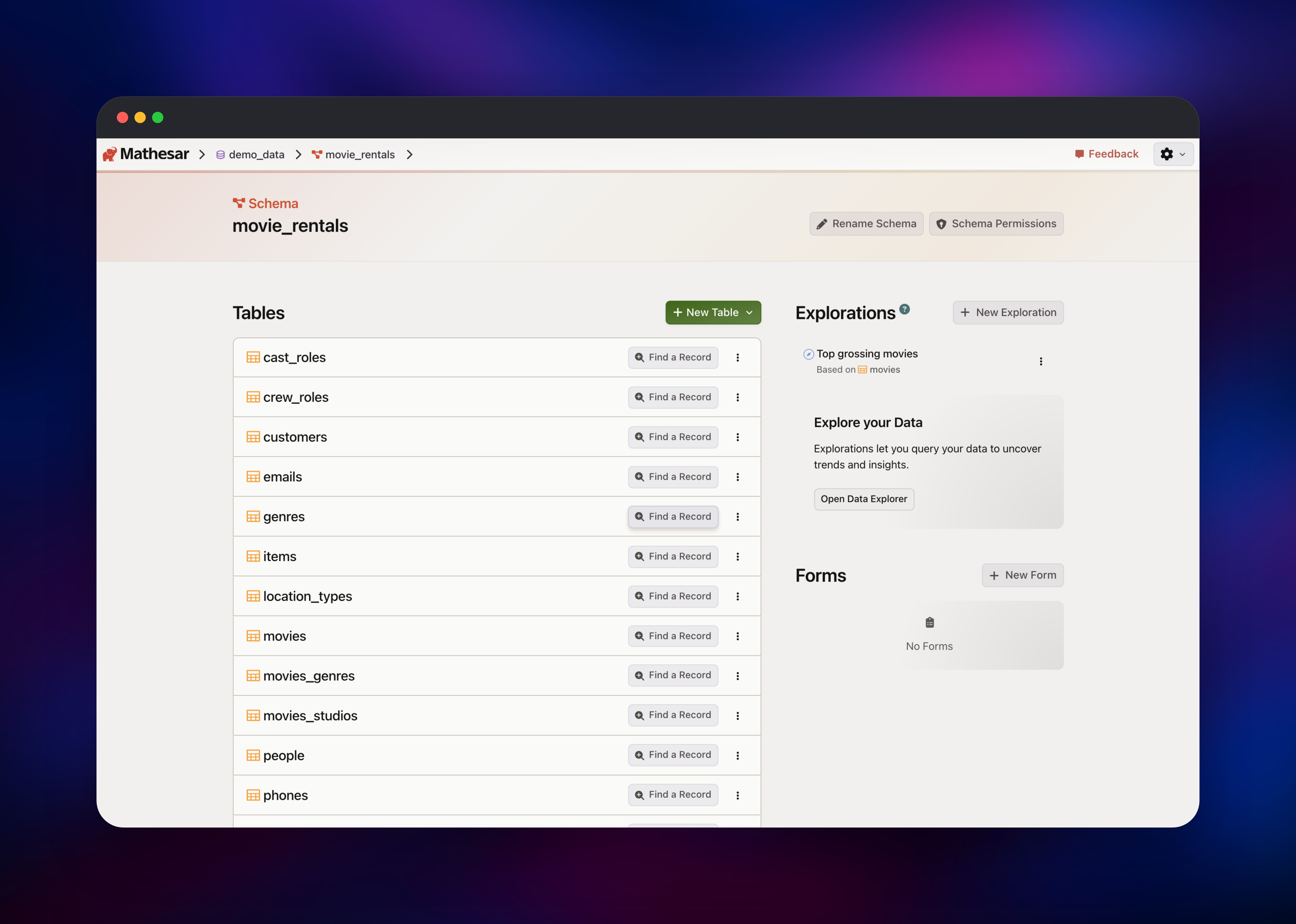 Mathesar schema page listing tables and a saved exploration