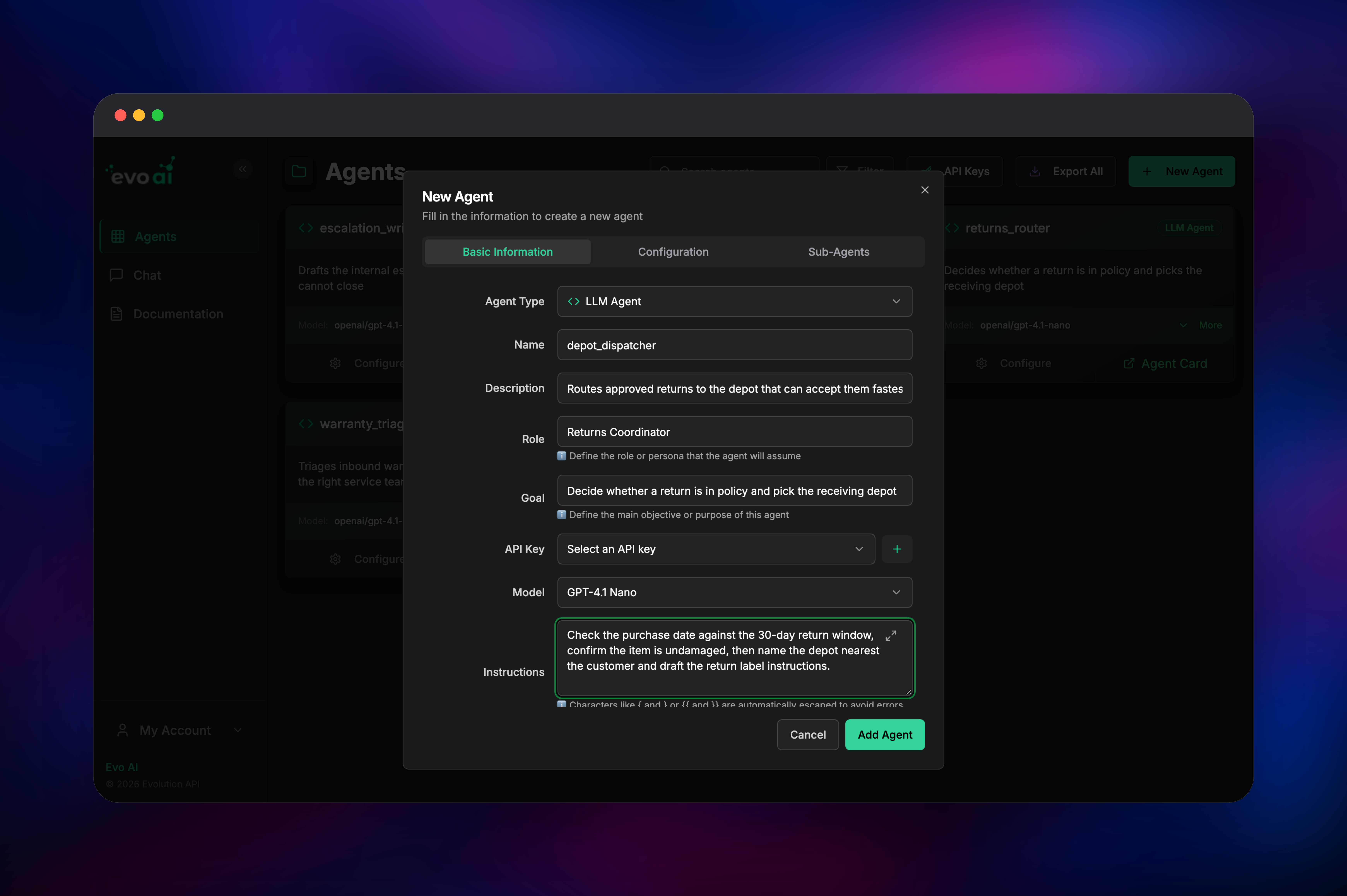 Evo AI new agent form with role, goal and model settings
